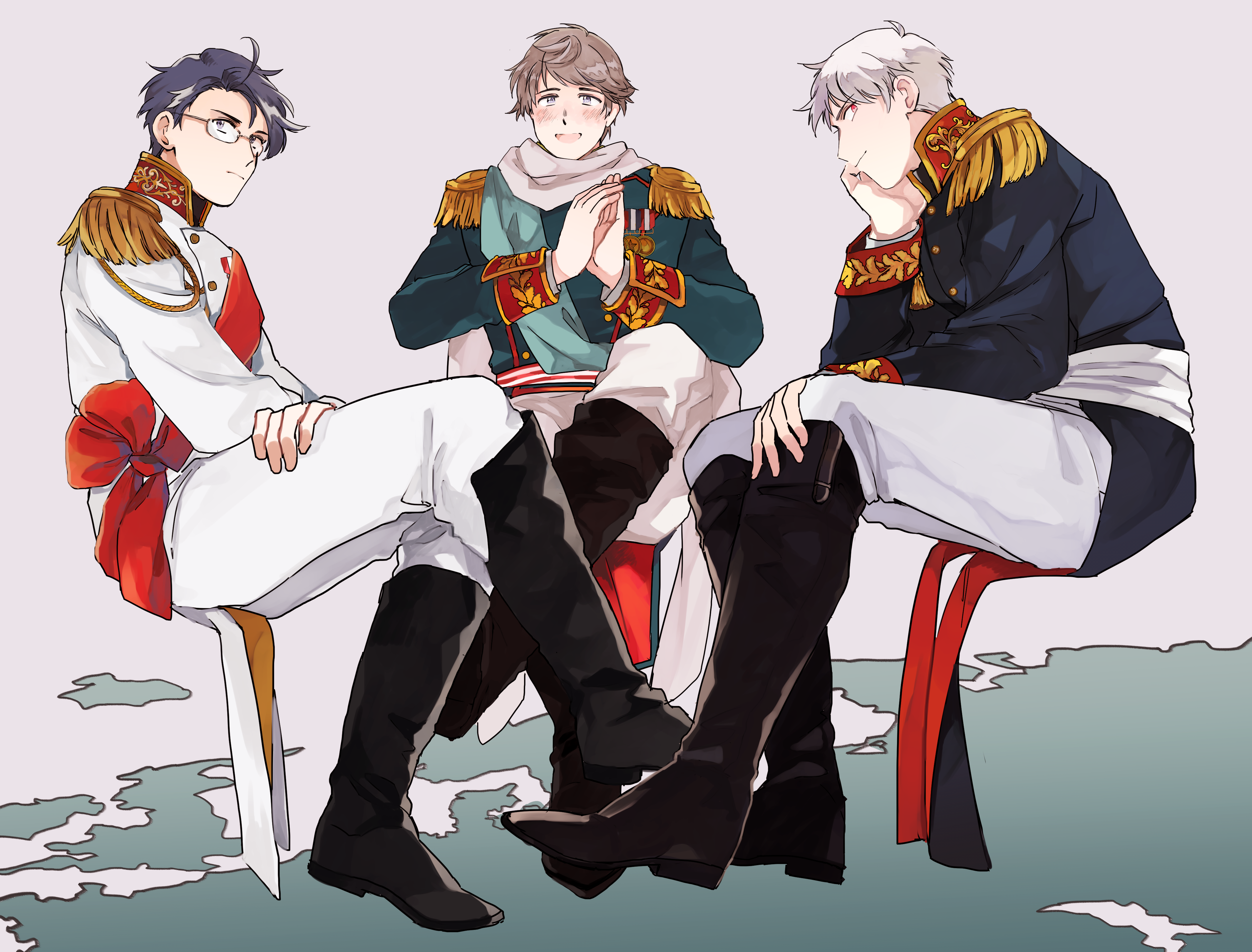 3boys absurdres ahoge austria_(hetalia) axis_powers_hetalia black-framed_eyewear black_boots black_hair black_jacket blue_jacket blue_sash boots bow brown_hair buttons chair closed_mouth commentary_request epaulettes glasses goro_nyanko grey_background grey_hair hand_on_own_face hand_on_own_knee hands_up highres jacket long_sleeves looking_at_viewer mandarin_collar medal military_jacket military_uniform multiple_boys on_chair open_mouth pants prussia_(hetalia) purple_eyes red_bow red_eyes red_sash russia_(hetalia) sash scarf short_hair simple_background sitting smile white_jacket white_pants white_sash white_scarf