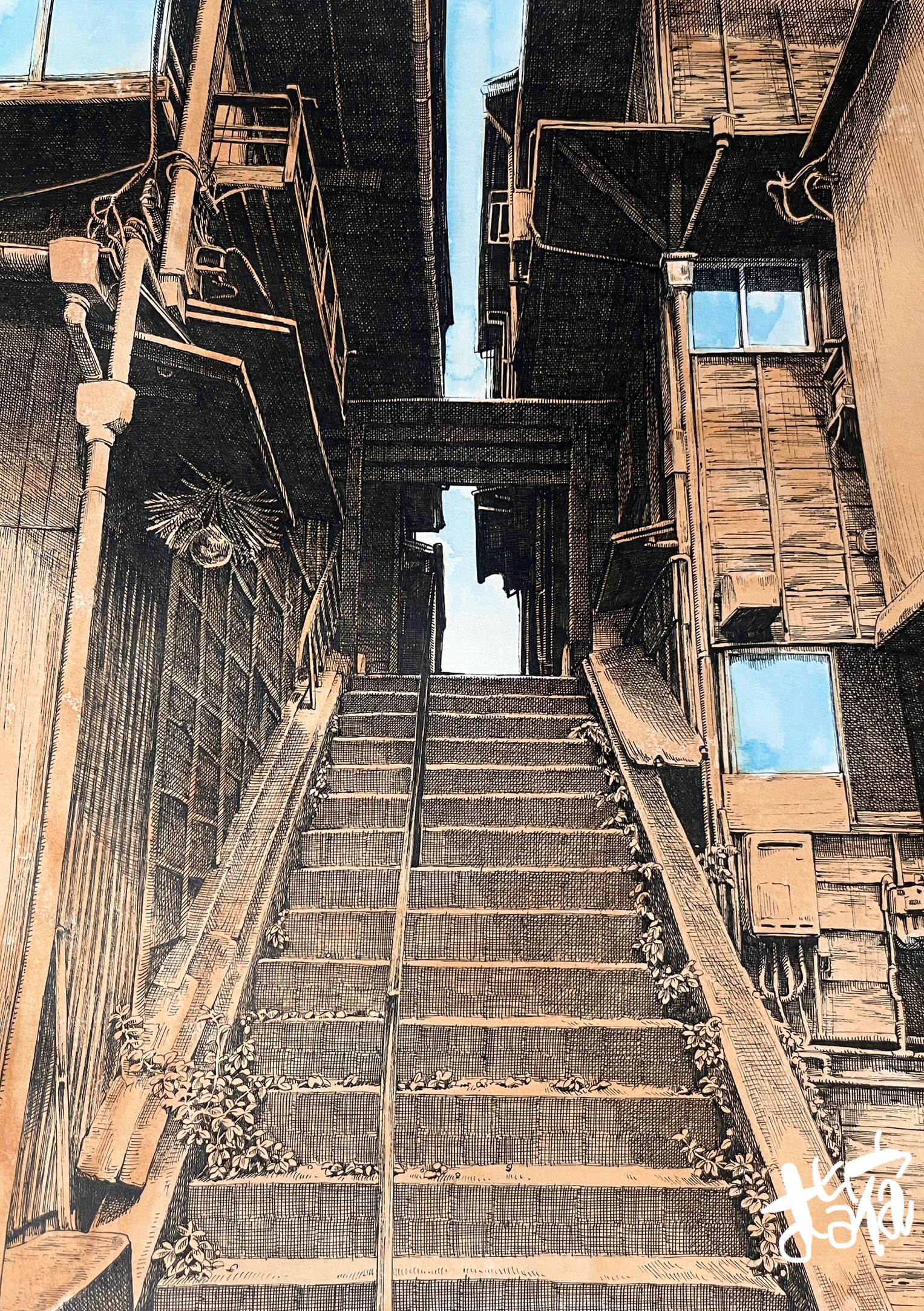 building commentary crosshatching day drainpipe hatching_(texture) highres ibsukionsen no_humans original outdoors plant scenery stairs traditional_media window
