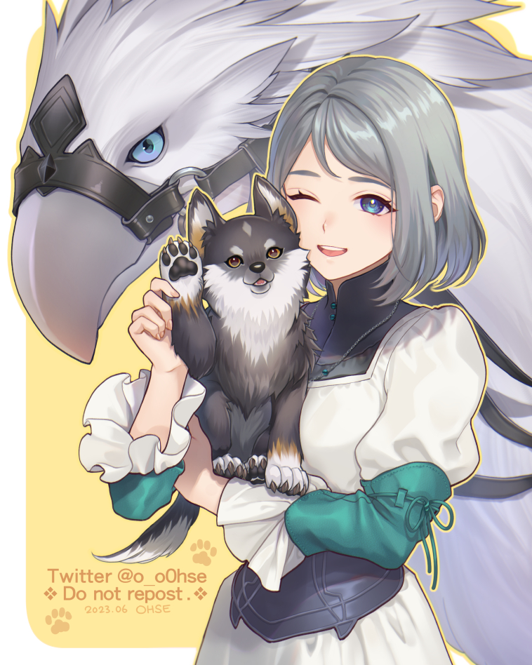 1girl baby_animal beak chocobo dog final_fantasy final_fantasy_xvi frilled_sleeves frills grey_eyes grey_hair jill_warrick ohse one_eye_closed open_mouth puppy short_hair smile teeth torgal_(ff16) upper_body upper_teeth_only waving wolf wolf_paws