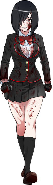 1girl aged_up alternate_hairstyle black_gloves black_hair black_skirt black_socks blazer blood blood_on_body blood_on_clothes blood_on_face blood_on_gloves bob_cut bow breasts brown_shoes buttons clenched_hands full_body gloves grin hair_over_one_eye hanako_yamada jacket kjech kneehighs loafers looking_at_viewer medium_breasts nemesis-chan official_art pleated_skirt red_eyes sanpaku school_uniform second-party_source shirt shoes short_hair skirt slit_pupils smile socks solo transparent_background white_shirt yandere_simulator