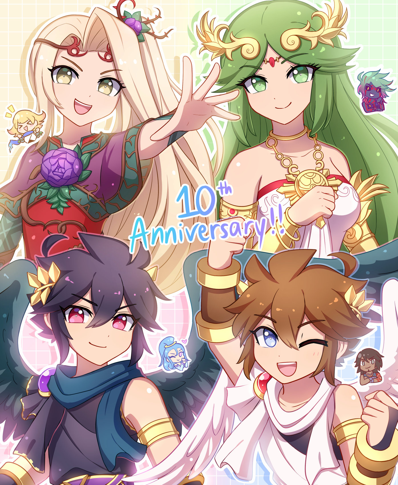angel angel_wings anniversary armlet bare_shoulders black_hair black_wings blonde_hair blue_eyes brown_hair clenched_hands collarbone dark_pit enni feathered_wings feathers flower forehead_jewel green_eyes hades_(kid_icarus) heart highres inset jewelry kid_icarus kid_icarus_uprising laurel_crown looking_at_viewer magnus_(kid_icarus) multiple_boys multiple_girls nintendo one_eye_closed open_mouth outstretched_arm palutena pandora_(kid_icarus) pendant phosphora pit_(kid_icarus) ponytail purple_flower red_eyes siblings smile twins upper_body v-shaped_eyebrows viridi wings
