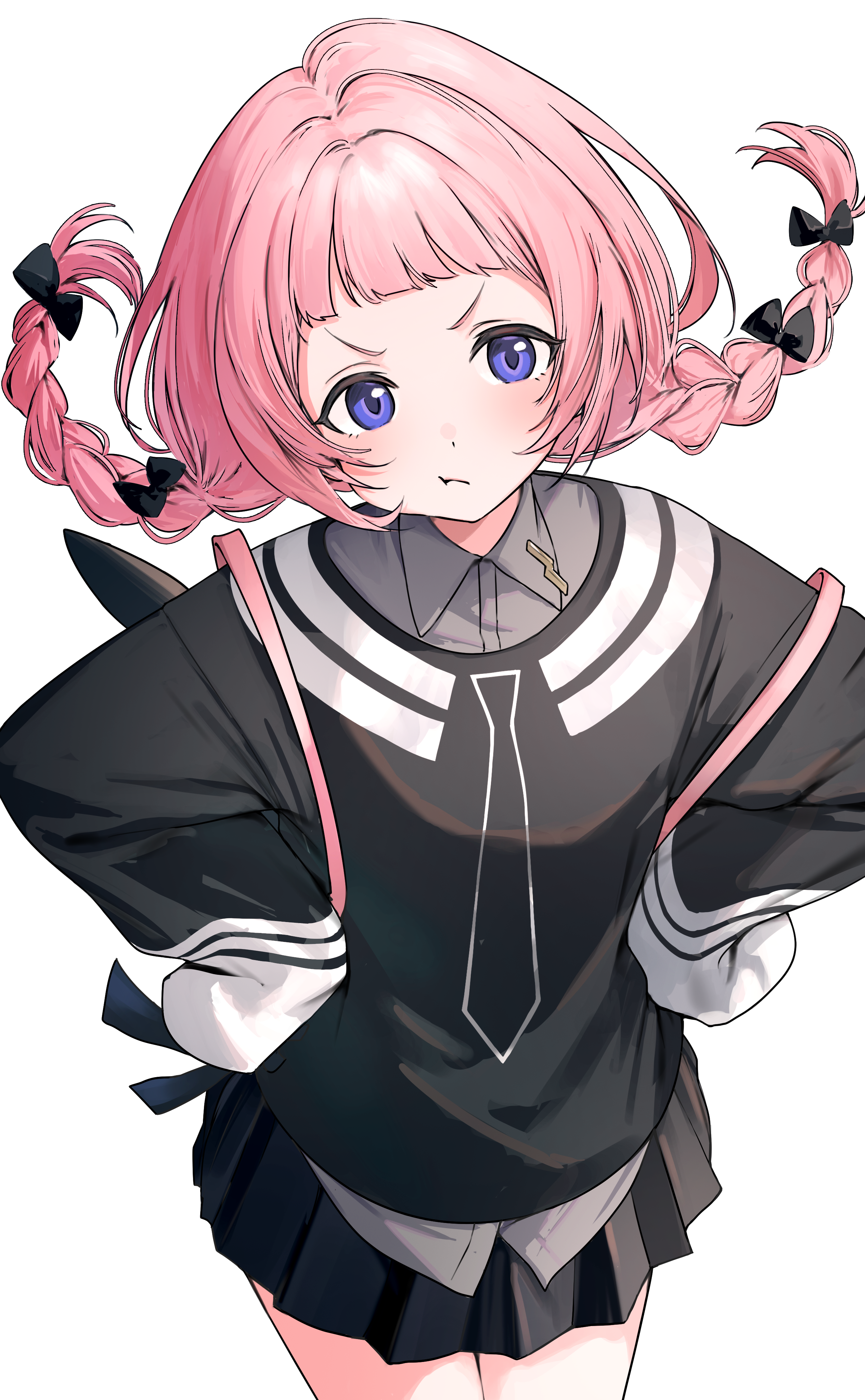 1girl absurdres angry black_ribbon black_sweater braid collared_shirt commentary_request cowboy_shot grey_shirt hair_ribbon hand_on_own_hip highres looking_at_viewer nijisanji official_alternate_costume pink_hair pleated_skirt polka_dot purple_eyes ribbon shirt simple_background skirt sleeves_past_fingers sleeves_past_wrists solo suo_sango sweater thighs tone_haruma transparent_background twin_braids virtual_youtuber