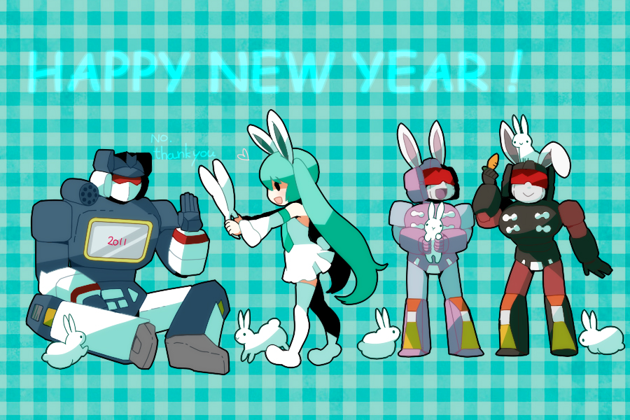 10s 1girl 2011 animal_ears crossover english_text frenzy_(transformers) hatsune_miku holding_animal holding_rabbit new_year rabbit rabbit_ears rkp rumble_(transformers) soundwave_(transformers) transformers transformers:_generation_1 vocaloid