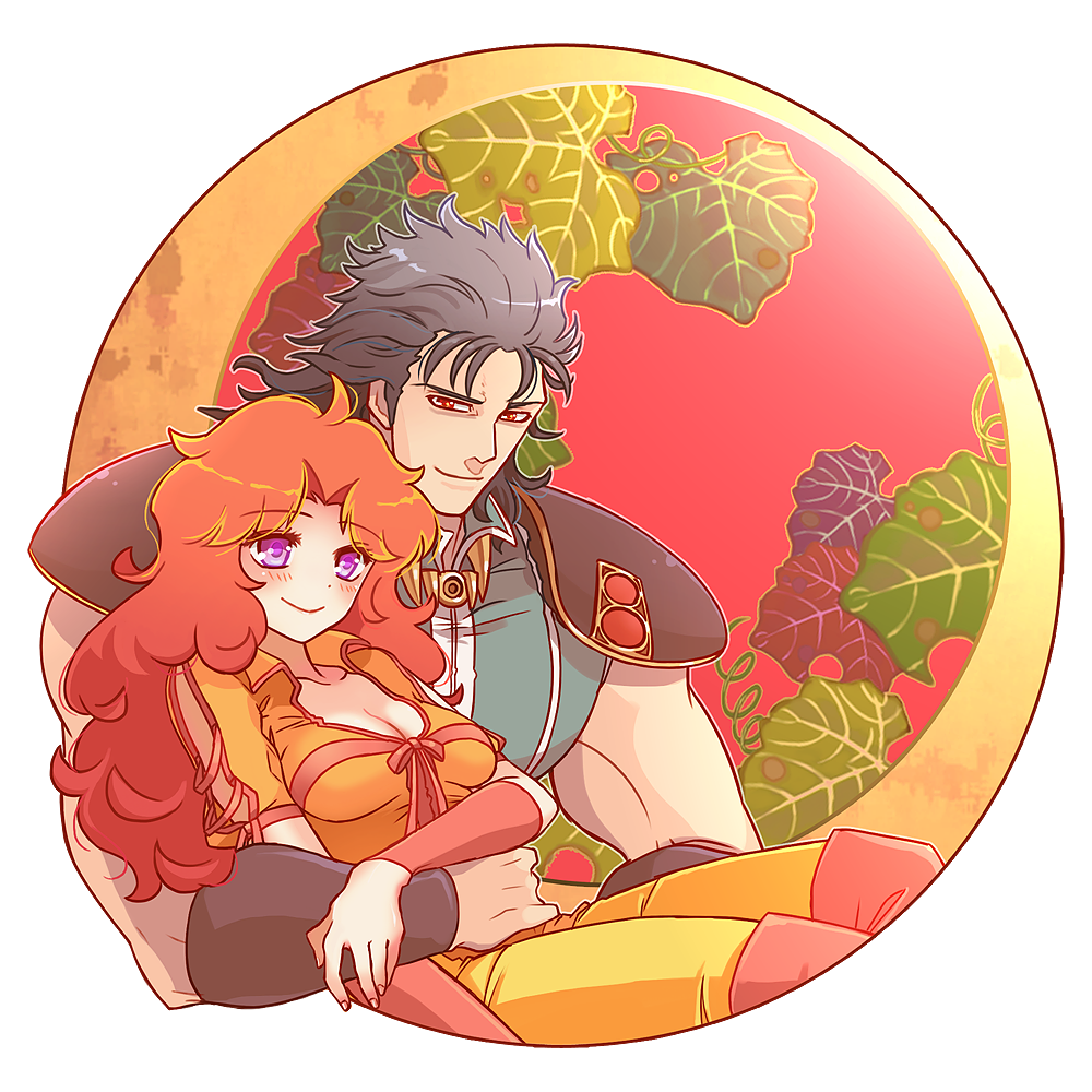 1boy 1girl arm_around_waist bad_id bad_pixiv_id black_hair breasts cleavage hokuto_no_ken leaf mamiya_(hokuto_no_ken) mayuzumi medium_breasts muscular orange_hair purple_eyes red_eyes rei_(hokuto_no_ken) shoulder_pads size_difference smile transparent_background wristband