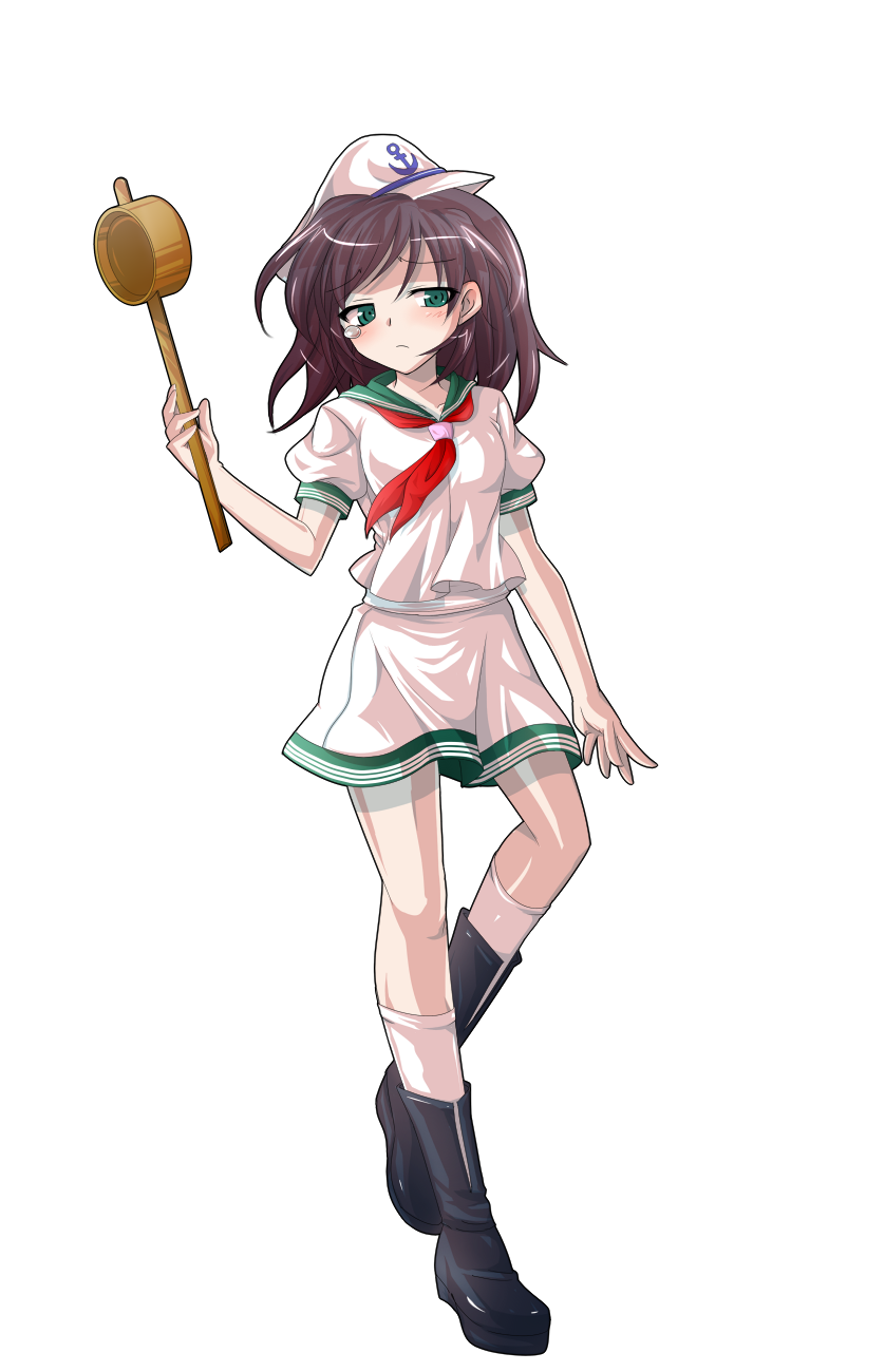 1girl anchor_print anchor_symbol arm_at_side black_boots blush boots breasts brown_hair closed_mouth collarbone commentary_request dairi full_body green_eyes green_sailor_collar half-closed_eyes hand_up hat highres hishaku holding kneehighs large_variant_set light_frown long_hair looking_at_viewer medium_breasts miniskirt murasa_minamitsu neckerchief pink_hat pink_serafuku pink_shirt pink_skirt pink_socks puffy_short_sleeves puffy_sleeves raised_inner_eyebrows red_neckerchief sailor_collar sailor_hat school_uniform serafuku shirt short_sleeves simple_background skirt socks solo standing standing_on_one_leg tachi-e tearing_up touhou transparent_background variant_set wispy_bangs