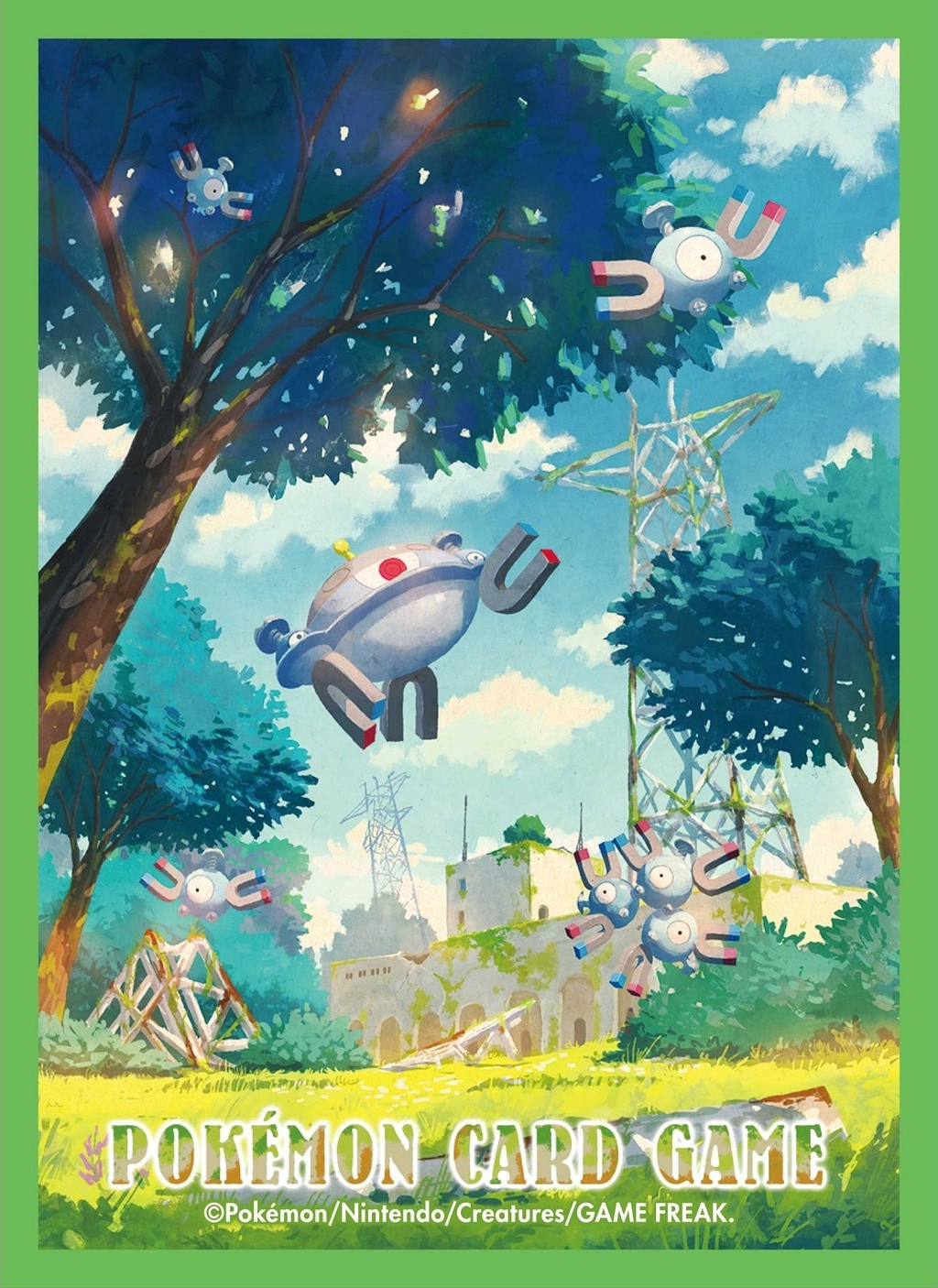 artist_request blue_sky border building bush cloud copyright_name copyright_notice day evolutionary_line floating full_body gen_1_pokemon gen_4_pokemon grass green_border highres magnemite magnet magneton magnezone nintendo no_humans official_art one-eyed outdoors pokemon pokemon_(creature) pokemon_focus pokemon_tcg radio_tower red_eyes screw sky third-party_source third_eye tree