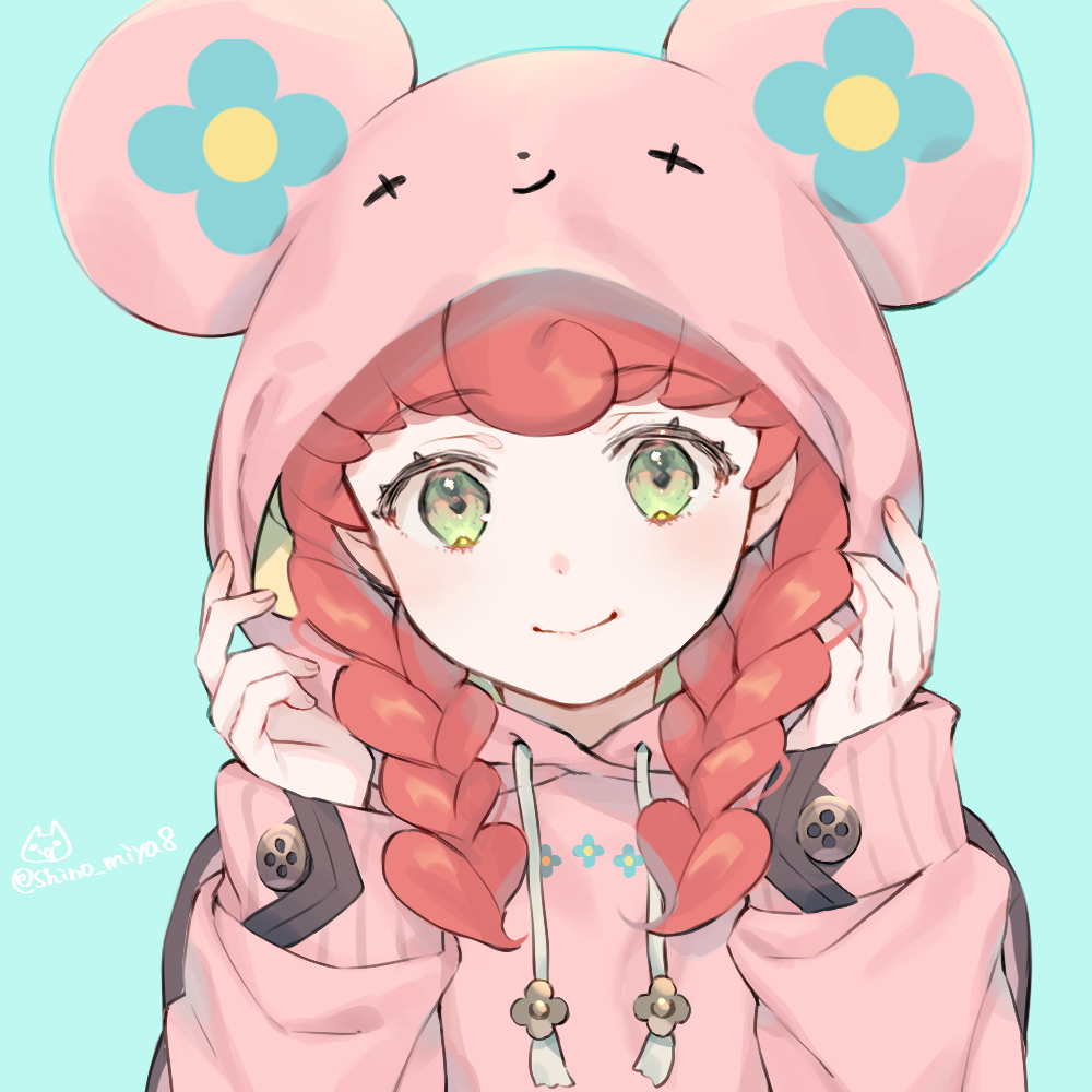 1girl ace_attorney alternate_costume alternate_hairstyle animal_ears animal_hood blue_background blush braid closed_mouth fake_animal_ears green_eyes hood hood_up hoodie iris_wilson long_hair long_sleeves looking_at_viewer mouse_hood red_hair shinobiya_fsaka simple_background smile solo the_great_ace_attorney twin_braids upper_body