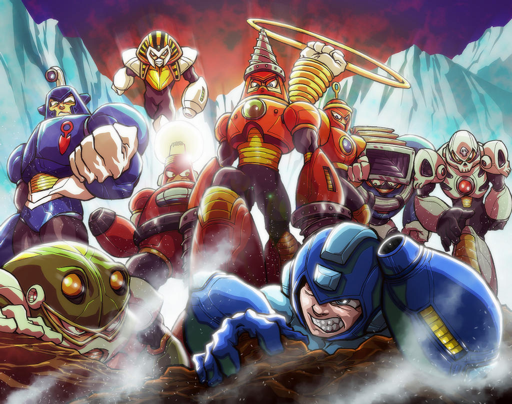 6+boys angry arm_cannon battle bright_man capcom dive_man drill_man dust_man helmet ice jewelry joints light_bulb lying mask mega_man_(character) mega_man_(classic) mega_man_(series) mega_man_4 multiple_boys pharaoh pharaoh_man ring ring_man robot robot_ears robot_joints skull_man toad_man weapon