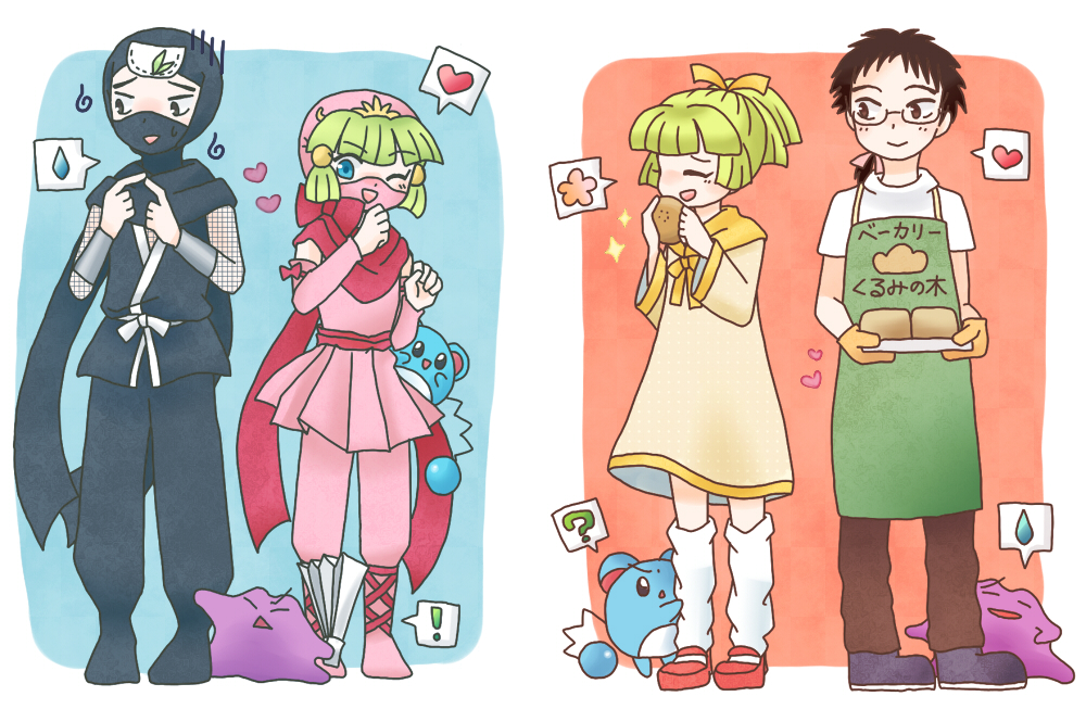 1boy 1girl apricot_(pokemon) asama_(loving-it) black_hair ditto dual_persona gen_1_pokemon gen_2_pokemon green_hair heart magical_pokemon_journey marill nintendo pokemon pokemon_(creature) spoken_heart spoken_sweatdrop sweatdrop walnut_(pokemon)