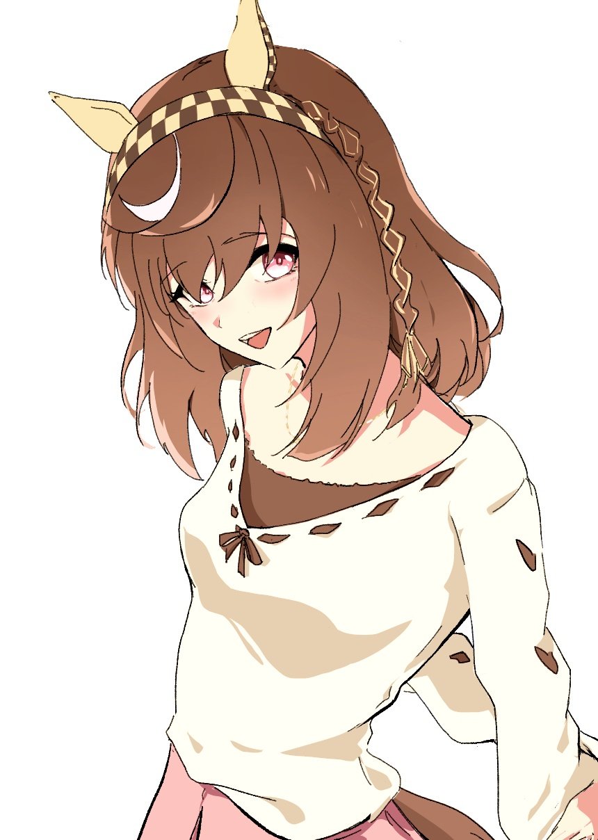 1girl animal_ears braid brown_hair buena_vista_(umamusume) casual checkered_hairband commentary ear_covers hair_between_eyes hairband highres horse_ears horse_girl horse_tail long_sleeves looking_at_viewer medium_hair pakarappakaratt pink_eyes pink_skirt simple_background skirt smile solo sweater tail umamusume white_background white_sweater