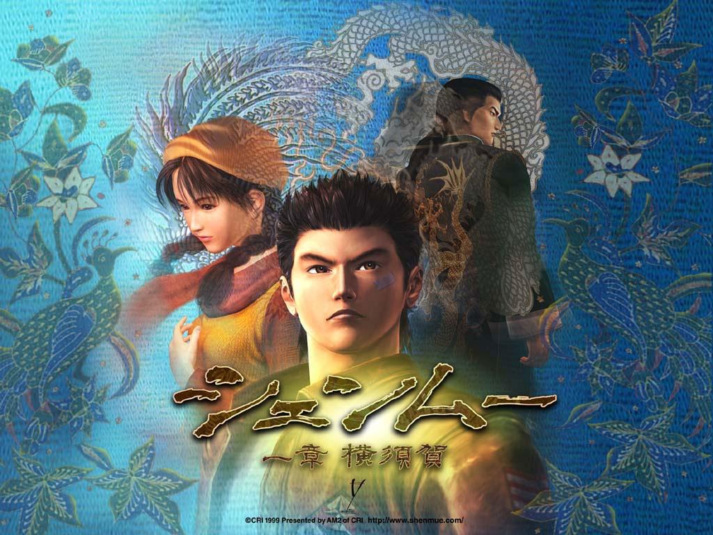 1girl 2boys 3d bandaid black_hair braid brown_eyes brown_hair chinese_clothes flower hat hazuki_ryou lan_di ling_shen_hua multiple_boys official_art official_wallpaper ponytail scarf sega shenmue shenmue_i spiked_hair translated twin_braids
