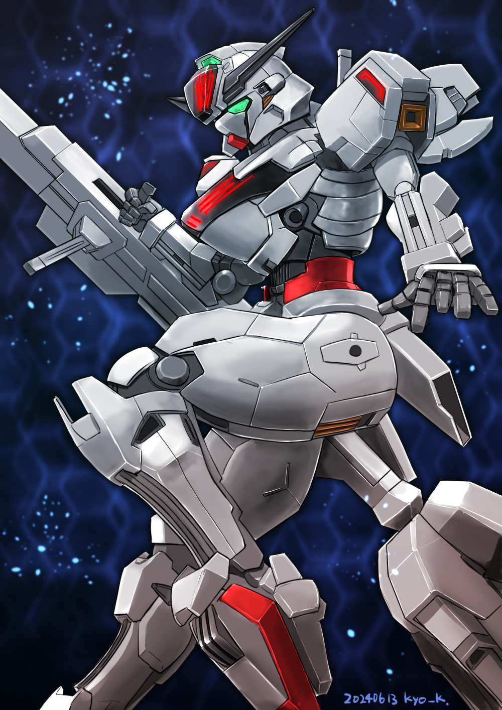 artist_name beam_cannon commentary dated energy_cannon green_eyes gundam gundam_calibarn gundam_suisei_no_majo highres holding holding_cannon holding_weapon kyo_k mecha mobile_suit no_humans robot science_fiction solo thrusters v-fin weapon