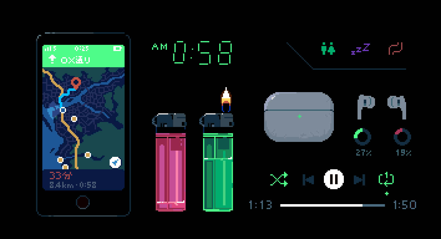 animated animated_gif battery_indicator black_background cellphone commentary english_commentary equipment_layout fire gps knolling lighter looping_animation map media_player_interface no_humans object_focus original phone pixel_art seven-segment_display simple_background single_flame smartphone timestamp toyoi_yuuta wireless_earphones