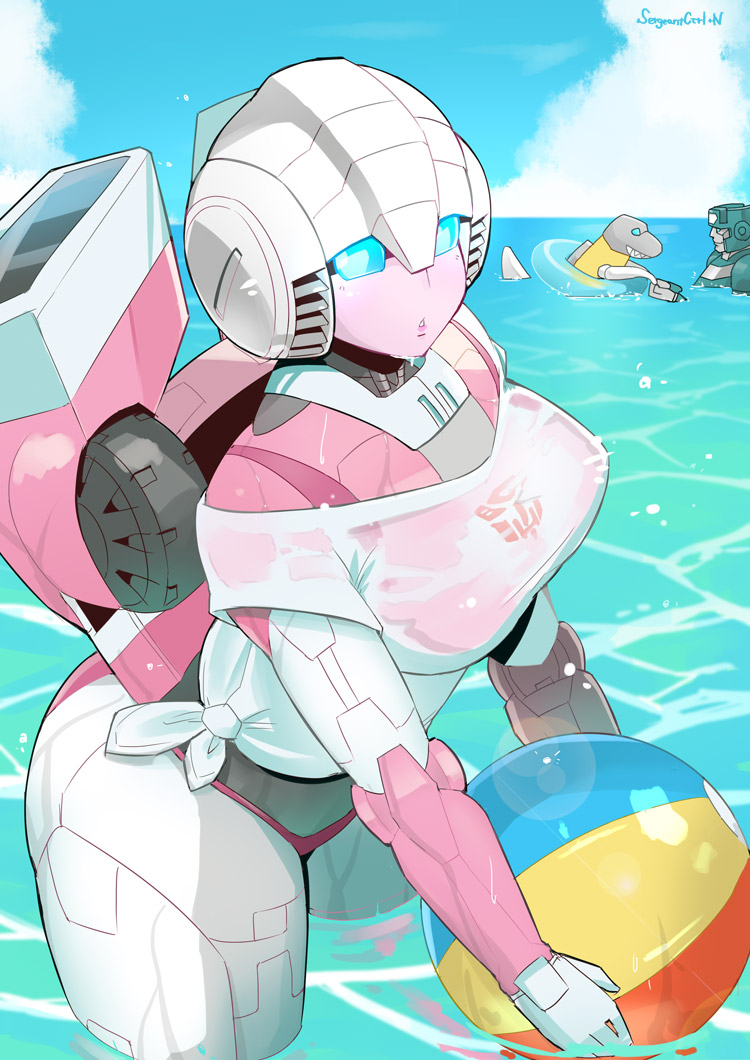 1girl 2boys arcee autobot bad_id bad_pixiv_id ball beachball clothed_robot day dinobot_(beast_wars) grimlock innertube insignia kup_(transformers) mecha multiple_boys no_humans outdoors retro_artstyle robot sergeantctrln shirt standing swim_ring transformers wet wet_clothes wet_shirt