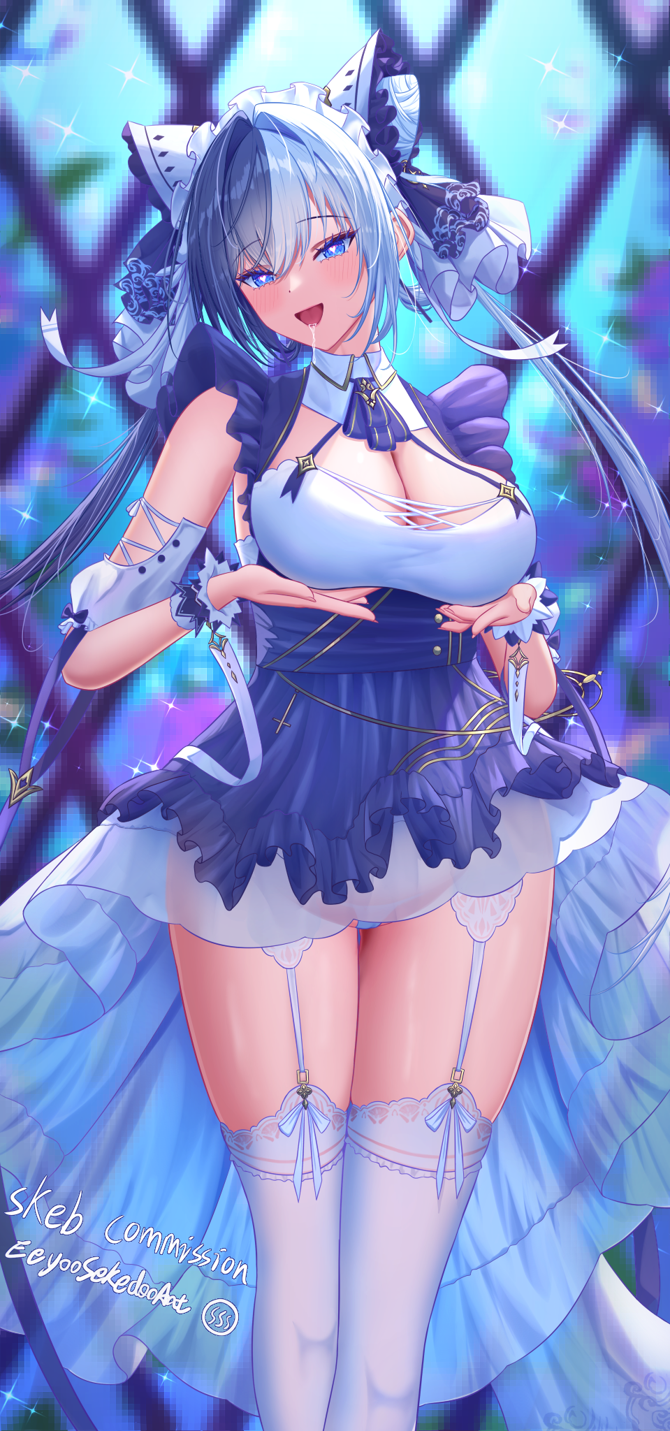 1girl animal_band animal_ears apron arm_garter artist_name azur_lane black_hair blue_eyes breast_lift breasts cheshire_(azur_lane) cheshire_(azur_lane)_(cosplay) cleavage commission cosplay cowboy_shot detached_sleeves eeyoosekedooaat fake_animal_ears frilled_hairband frilled_ribbon frills garter_straps hair_intakes hairband heart heart-shaped_pupils highres large_breasts long_hair long_ribbon looking_at_viewer maid_headdress multicolored_hair open_mouth puffy_detached_sleeves puffy_sleeves purple_apron ribbon saliva skeb_commission split-color_hair symbol-shaped_pupils thighhighs two-tone_hair white_garter_straps white_hair white_thighhighs wrist_cuffs ying_swei_(azur_lane)