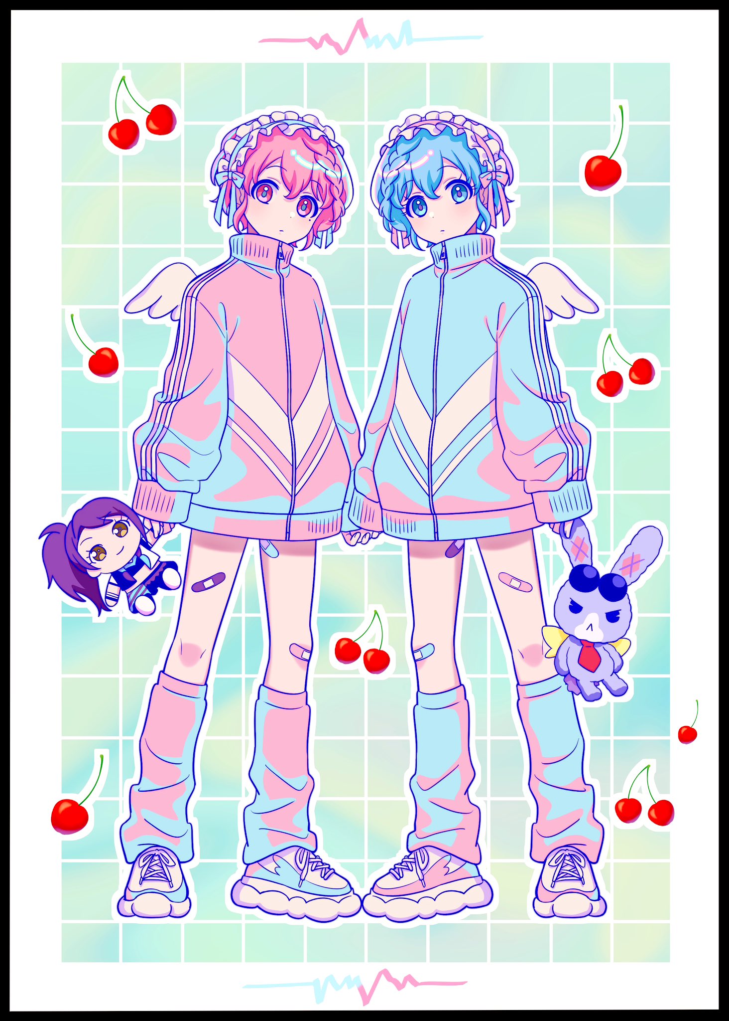 1boy 1girl alternate_costume bandaid bandaid_on_leg blue_background blue_eyes blue_hair blue_jacket border braid brother_and_sister character_doll cherry closed_mouth commentary crossdressing doll dorothy_west english_commentary food frilled_hairband frills fruit full_body hairband highres holding holding_hands holding_stuffed_toy jacket leg_warmers long_sleeves looking_at_viewer mendamen mole mole_under_eye no_pants outline pink_eyes pink_hair pink_jacket pink_ribbon pretty_series pripara reona_west ribbon shoes short_hair siblings side_braid sneakers standing stuffed_animal stuffed_rabbit stuffed_toy symmetrical_pose tenshi_kaiwai toudou_shion trap twins usagi_(pripara) white_border white_outline white_wings wings