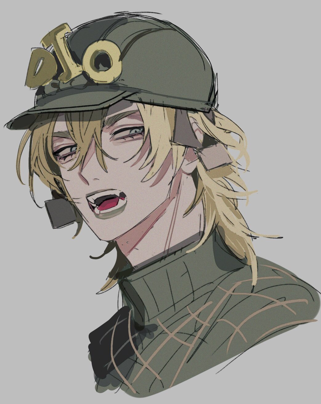 1boy blonde_hair commentary_request cropped_shoulders diego_brando edamameko210 fangs green_eyes green_lips grey_background hair_between_eyes helmet highres jojo_no_kimyou_na_bouken lipstick looking_to_the_side makeup male_focus medium_hair open_mouth sideways_glance sketch solo steel_ball_run teeth tongue turtleneck