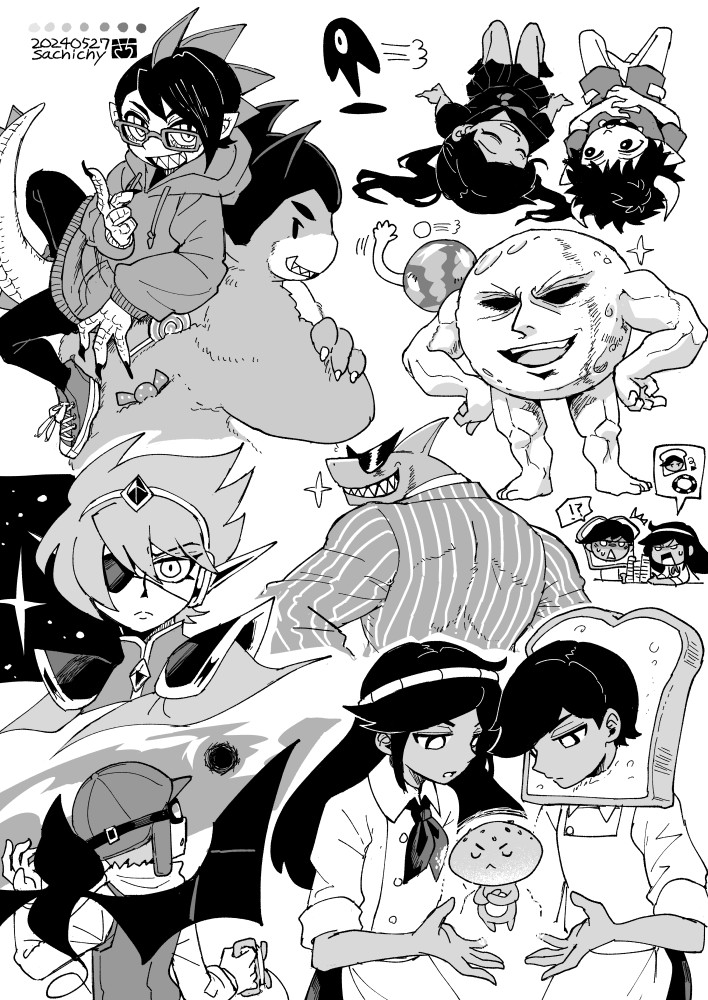 !? 3girls 6+boys aizawa_sachi berly_(omori) biscuit_(omori) captain_spaceboy dated doughie_(omori) eyepatch glasses greyscale grin kid&#039;s_kite_(omori) kite_kid_(omori) long_hair lying monochrome mr._jawsum multiple_boys multiple_girls muscular omori on_back pleated_skirt pluto_(omori) rectangular_eyewear ren_(omori) sesame_(omori) sharp_teeth shawn_(omori) shoes short_hair shorts skirt smile sneakers something_(omori) speech_bubble spoken_interrobang sunglasses teeth twintails van_(omori)