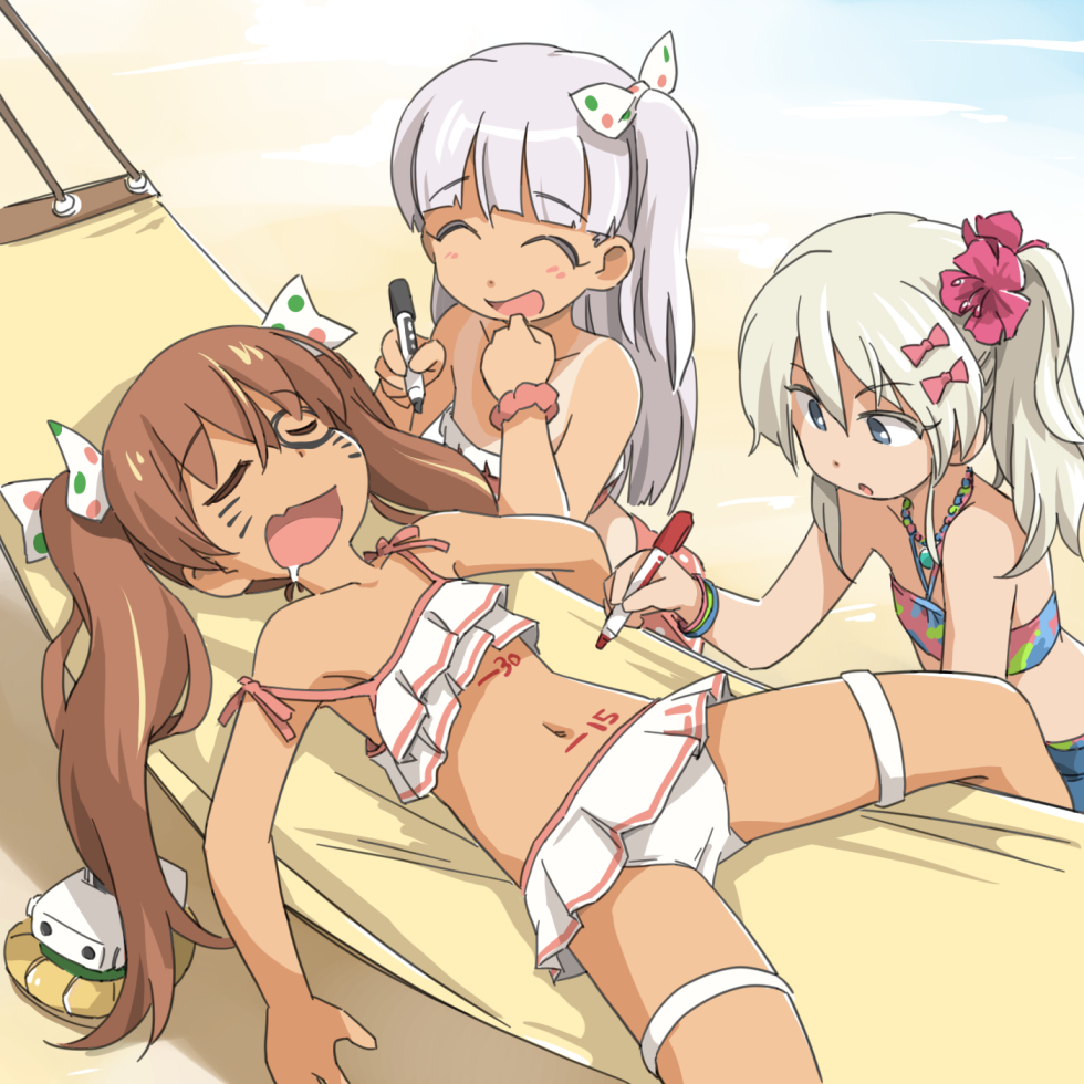 3girls bare_arms bare_shoulders bikini blonde_hair blush body_writing bow brown_hair closed_eyes commentary_request dark-skinned_female dark_skin drooling fang frilled_bikini frills grecale_(kancolle) grecale_(swimsuit)_(kancolle) hair_bobbles hair_bow hair_ornament hair_ribbon hammock jewelry kantai_collection libeccio_(kancolle) libeccio_(swimsuit)_(kancolle) long_hair lying maestrale_(kancolle) maestrale_kai_(swimsuit)_(kancolle) multiple_girls navel necklace one-piece_tan open_mouth prank revision ribbon scrunchie side_ponytail silver_hair sleeping spread_legs strap_slip swimsuit tan tanline tewarusa thigh_strap twintails wrist_scrunchie