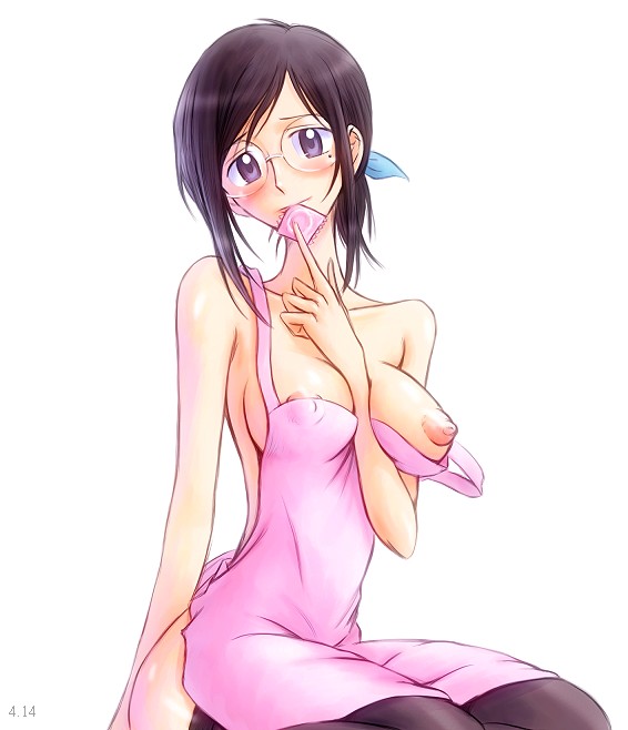 00s 1girl apron black_thighhighs blush bonnie_(rsg) breasts condom condom_in_mouth condom_wrapper female_focus glasses head_tilt kobato. looking_at_viewer mature_female mole mole_under_eye mouth_hold naked_apron nipple_slip nipples okiura_sayaka ponytail presenting short_hair simple_background sitting solo strap_slip thighhighs white_background