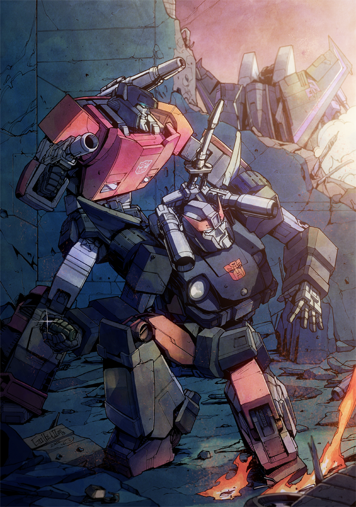 10s 2015 autobot bad_id bad_pixiv_id bluestreak_(transformers) blurry cannon debris decepticon emblem energy_gun energy_weapon explosive fire grenade gun kei_zama mecha no_humans ray_gun robot rocket_launcher ruins science_fiction sideswipe signature skywarp smoke sparkle sunlight transformers weapon