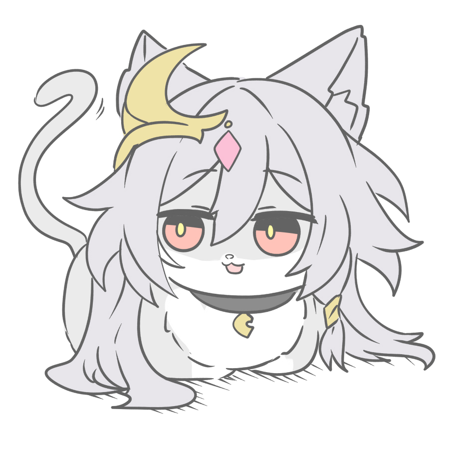 animal animalization cat fu_hua herrscher_of_sentience grey_hair hair_between_eyes honkai_(series) honkai_impact_3rd long_hair nabeiro_kin open_mouth red_eyes shadow simple_background very_long_hair white_background
