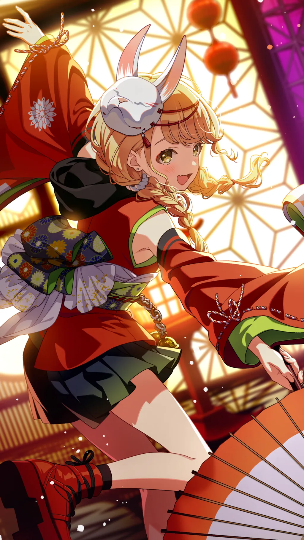1girl blonde_hair boots braid detached_sleeves earrings fang floral_print fujita_kotone gakuen_idolmaster game_cg highres holding idolmaster jewelry kamurogiku_(idolmaster) low_twin_braids mask mask_on_head official_art open_mouth sash skin_fang skirt solo twin_braids umbrella yellow_eyes