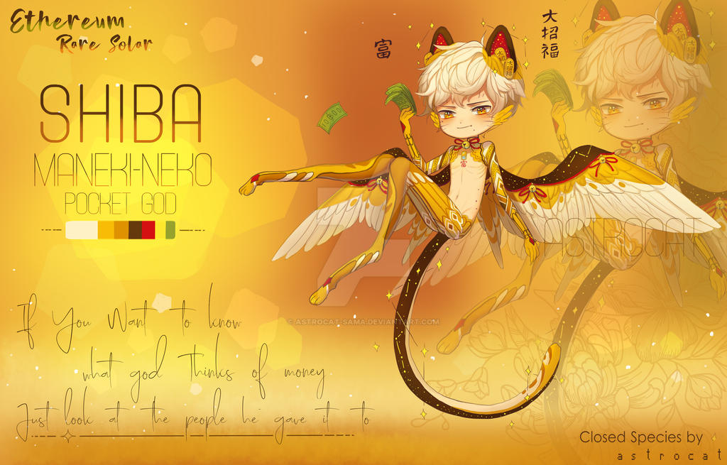 1boy adoptable animal_ears animal_feet artist_name astrocatsama bell bird_ears bird_wings character_name chest_tattoo closed_mouth color_guide english_text feathered_wings floating full_body holding holding_money male_focus maneki-neko money navel neck_bell neck_ribbon original personification projected_inset red_ribbon ribbon ribs short_hair simple_background smile solo sparkle tattoo whiskers white_hair white_wings wings yellow_background yellow_eyes