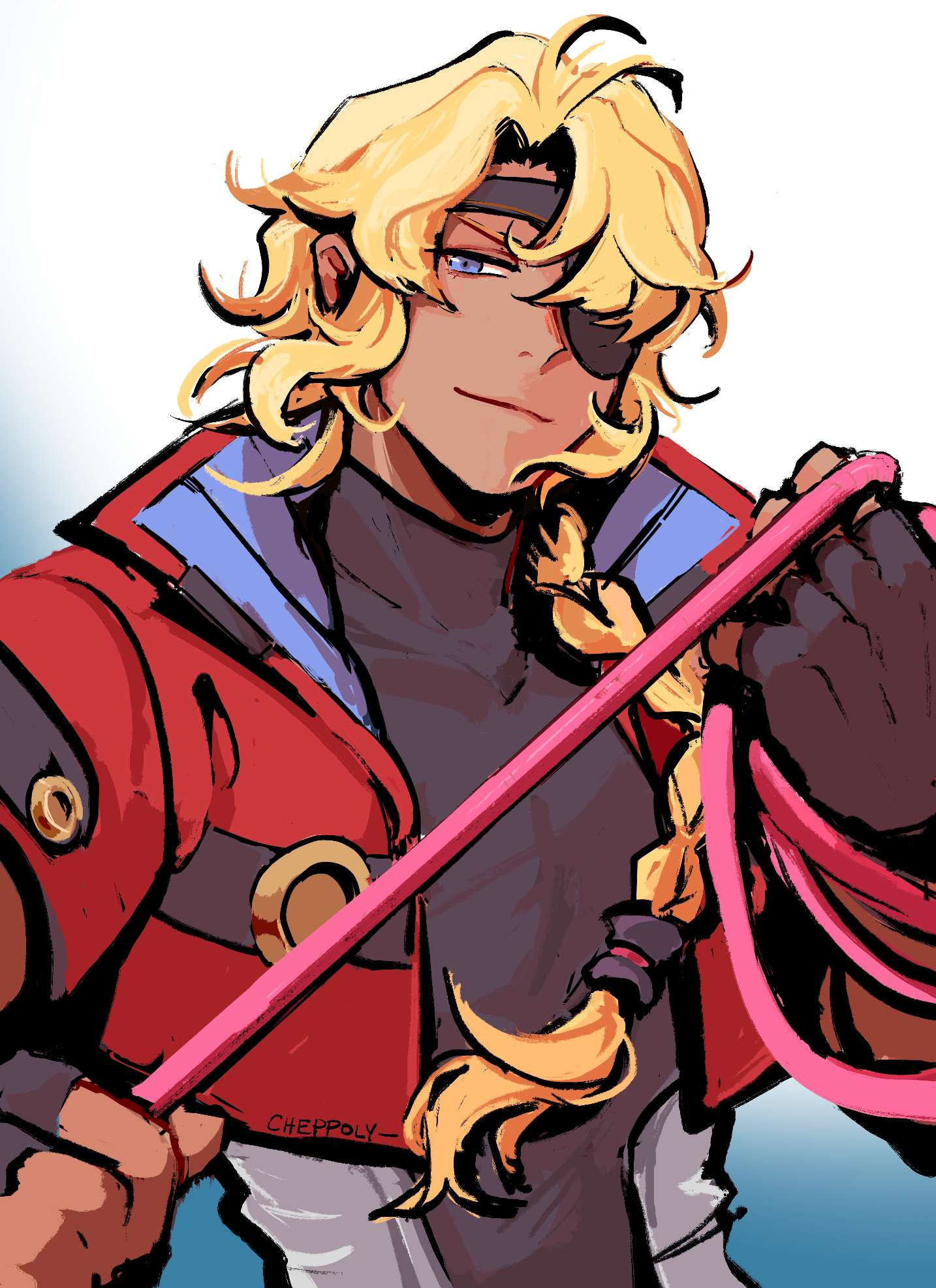 1boy bartholomew_fatima blonde_hair blue_eyes braid cheppo commentary cropped_jacket dark-skinned_male dark_skin english_commentary eyepatch fingerless_gloves gloves hair_over_shoulder highres holding holding_whip jacket long_hair male_focus red_jacket single_braid whip xenogears