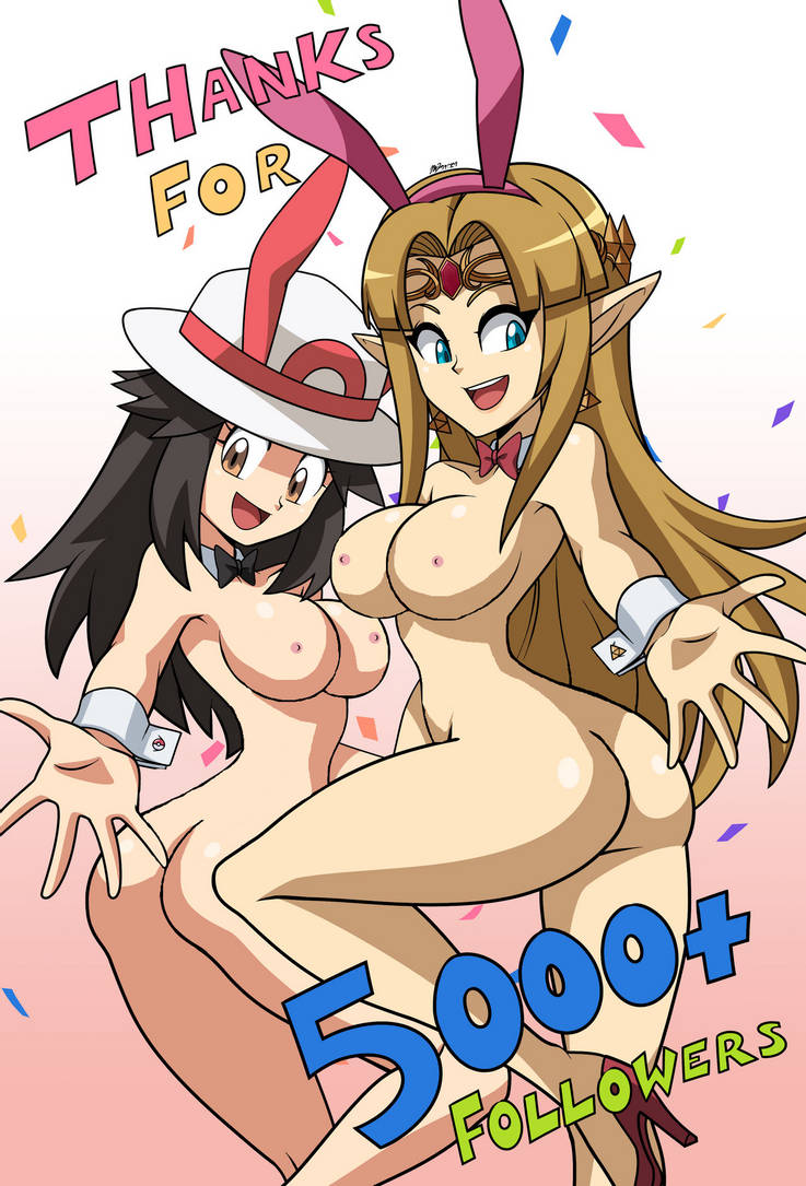 2girls ass bad_tag blonde_hair blue_eyes bow bowtie breasts brown_eyes crossover female female_focus grey_hair hat high_heels leaf_(pokemon) light-skin lipstick long_hair makeup mergeritter multiple_girls nintendo nude pointy_ears pokemon pokemon_frlg princess_zelda rabbit_ears the_legend_of_zelda the_legend_of_zelda:_a_link_between_worlds third-party_edit