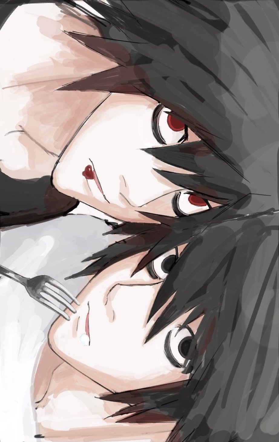 2boys bags_under_eyes beyond_birthday black_eyes black_hair blood blood_on_face death_note death_note:_another_note food food_on_face fork h0nd0u highres l_(death_note) lips male_focus multiple_boys pale_skin red_eyes sanpaku