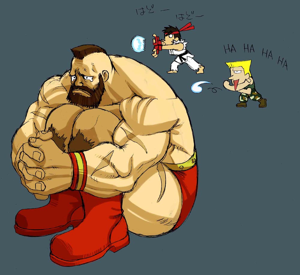 3boys :v beard blonde_hair brown_hair capcom chibi energy energy_ball facial_hair guile hadouken hugging_own_legs kazue male_focus mohawk multiple_boys o_o parody ryu_(street_fighter) scar shockwave sonic_boom_(speed) sonic_boom_(street_fighter) street_fighter tears truth what zangief