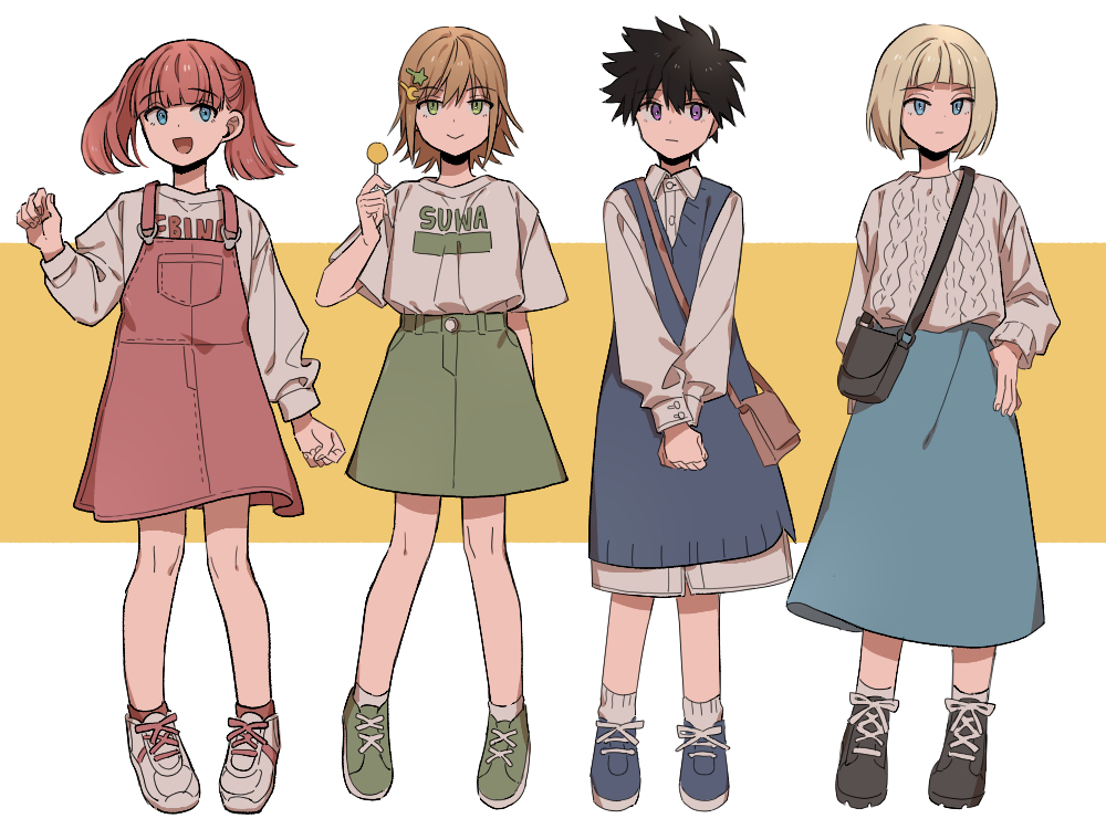 4girls :d bag black_footwear blonde_hair blue_dress blue_eyes blue_footwear blue_skirt blue_sweater blunt_bangs bob_cut brown_hair candy casual character_name closed_mouth clothes_writing collared_dress crescent crescent_hair_ornament cross-laced_footwear dress flat_chest food full_body green_eyes green_footwear green_skirt hair_ornament hairclip hand_up hiyami_aki holding holding_candy holding_food holding_lollipop hosoi_maori lineup lollipop long_sleeves multiple_girls nana_0253 open_mouth osano_rui own_hands_together pigeon-toed pinafore_dress pink_dress pink_hair purple_eyes red_socks shirt shoes short_hair shoulder_bag shy skirt sleeveless_dress smile socks standing star_(symbol) star_hair_ornament sweater sweater_dress t-shirt taketomi_sakurako thumb_in_pocket twintails v_arms white_background white_dress white_footwear white_shirt white_socks world_trigger