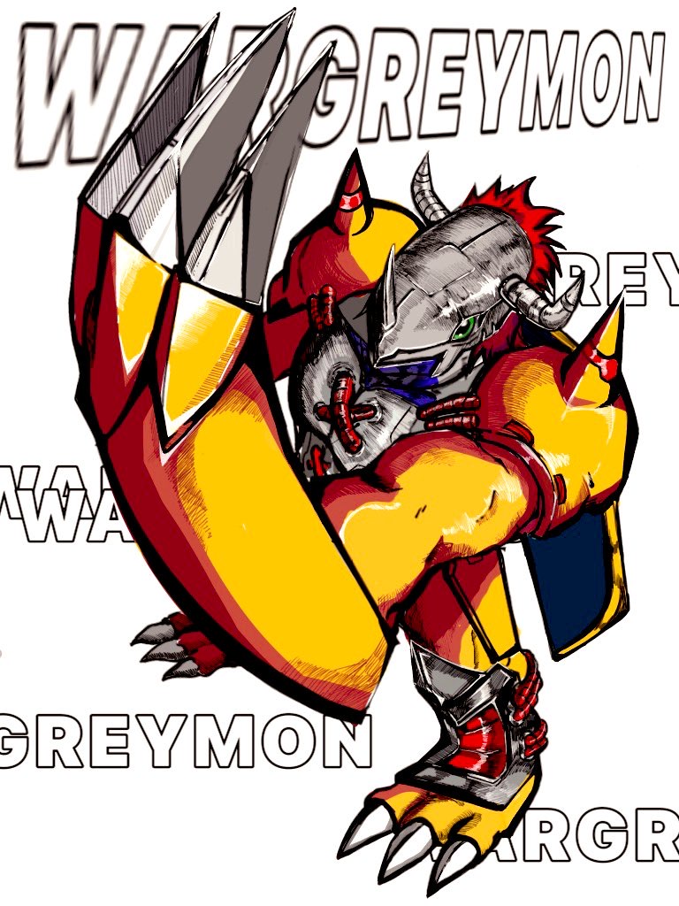 anpon00_0 armor character_name claw_(weapon) colored_skin digimon digimon_(creature) dragon full_body gauntlets green_eyes helmet mechanical_wings orange_scales orange_skin red_hair simple_background solo wargreymon weapon white_background wings yellow_armor