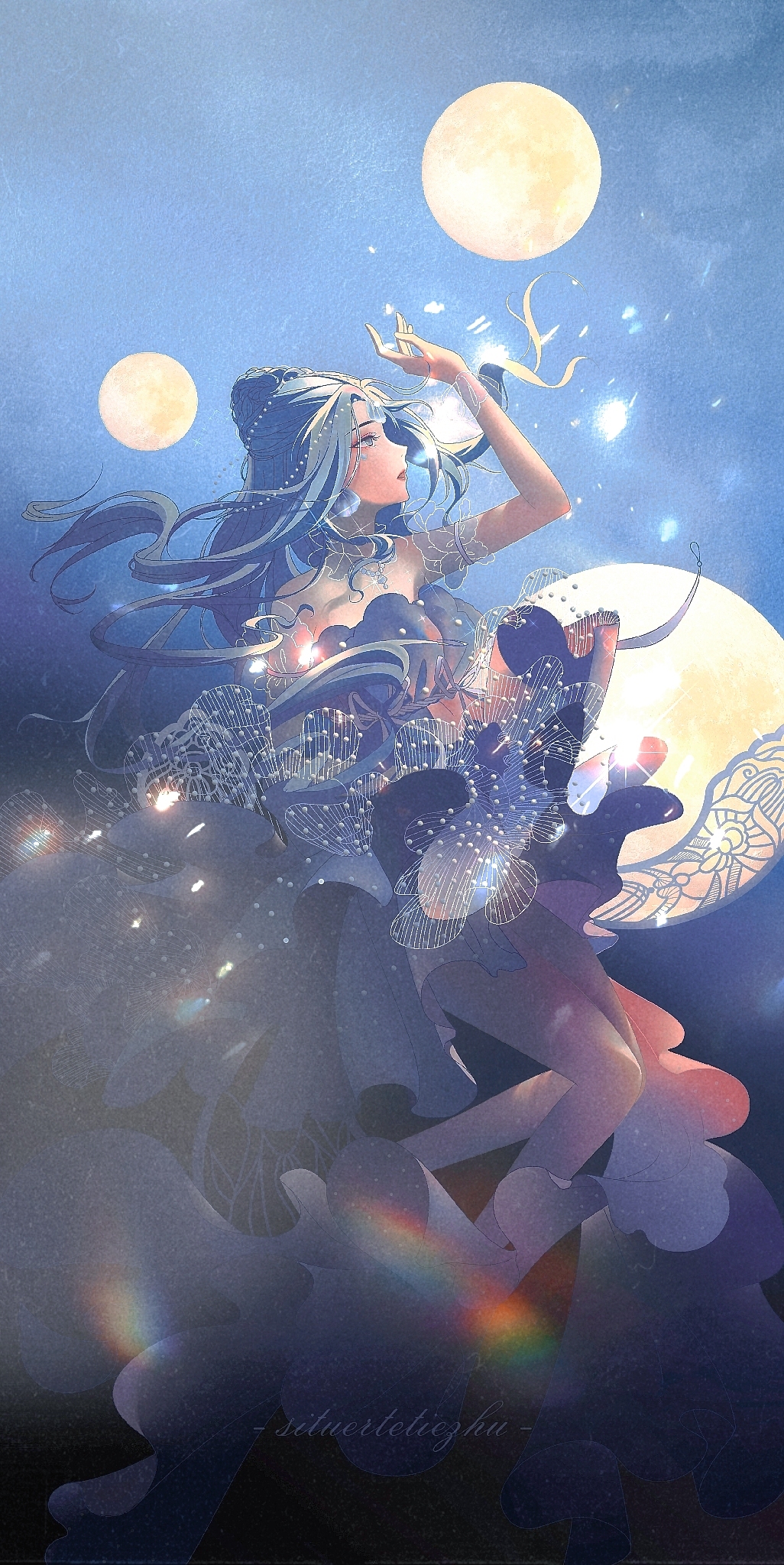 1girl artist_name bare_legs bare_shoulders beads blue_dress blue_eyes blue_hair blue_sky character_request chinese_commentary commentary_request detached_sleeves dress expressionless floating floating_clothes floating_hair fog frilled_dress frills from_side full_body full_moon hair_beads hair_bun hair_ornament half_updo hand_up highres jewelry lace_sleeves light_particles lipstick long_dress long_hair makeup moon multiple_moons necklace night nikki_(series) outdoors parted_lips red_lips shining_nikki short_sleeves single_hair_bun situ&#039;erte_tiezhu sky solo strapless strapless_dress wavy_hair white_sleeves white_wrist_cuffs wrist_cuffs