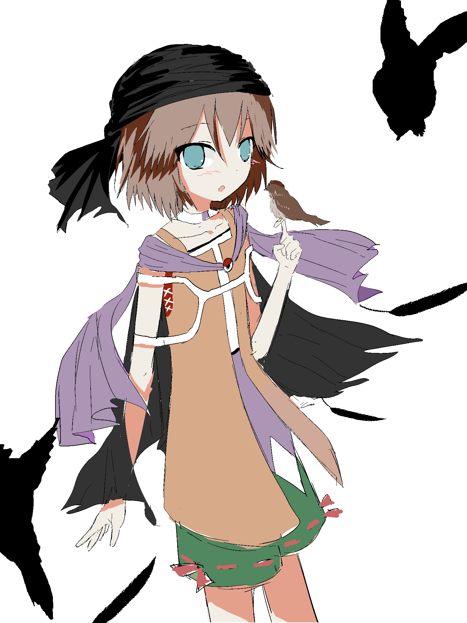 1other 2000s_(style) :o androgynous anime_coloring bandana bird bird_on_hand black_bandana black_cape blue_eyes brown_hair cape choker cine_hamal collarbone cowboy_shot cross-laced_jacket dot_nose eye_brooch eye_of_senri feathers green_shorts hair_between_eyes highres jacket kuzu_suzumi len&#039;en light_blush looking_at_viewer open_clothes open_jacket open_mouth orange_jacket other_focus purple_scarf purple_shirt red_ribbon ribbon ribbon-trimmed_shorts ribbon_legwear ribbon_trim scarf shirt short_hair shorts simple_background sleeveless sleeveless_jacket sleeveless_shirt solo sparrow standing surprised torn_cape torn_clothes turban two-tone_shirt white_background white_choker white_shirt whu1353280