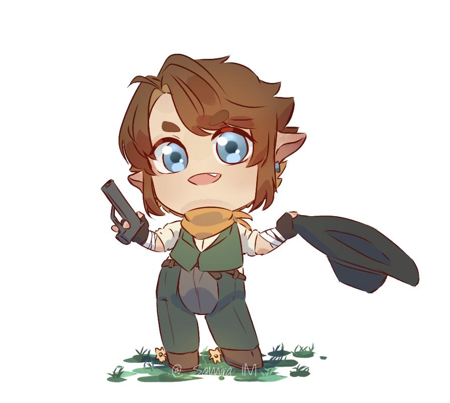 1boy alternate_costume blonde_hair blue_eyes chaps chibi cowboy cowboy_hat cowboy_western earrings fang fingerless_gloves gloves grass green_chaps gun handgun hat holding holding_gun holding_unworn_clothes holding_unworn_hat holding_weapon jewelry link neckerchief nintendo pointy_ears samira_im short_hair single_earring sleeves_rolled_up solo spurs the_legend_of_zelda the_legend_of_zelda:_twilight_princess twitter_username unworn_hat unworn_headwear vest waistcoat weapon western yellow_neckerchief