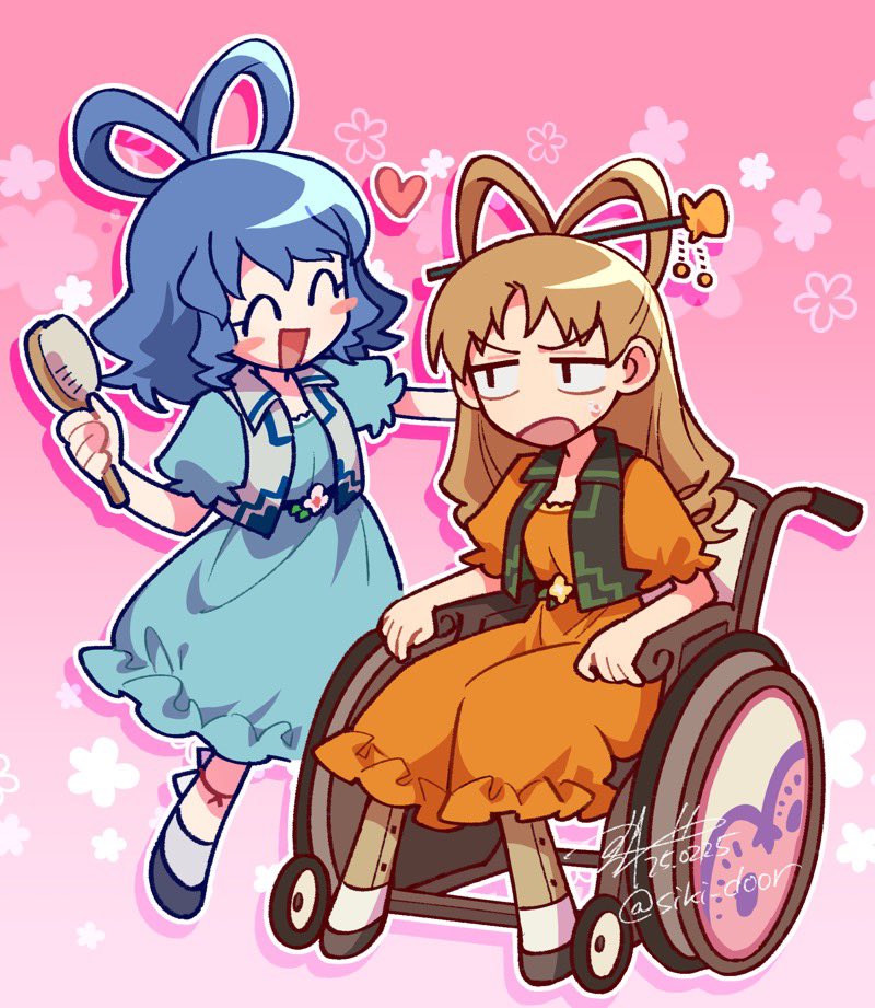 2girls adapted_costume alternate_costume blonde_hair blue_dress blue_hair blush_stickers closed_eyes commentary_request cosplay dated dress flower green_vest hair_brush hair_ornament hair_rings hair_stick heart holding holding_hair_brush kaku_seiga kaku_seiga_(cosplay) long_hair matara_okina multiple_girls open_clothes open_mouth open_vest orange_dress pink_flower shikido_(khf) short_sleeves signature sitting sweatdrop touhou twitter_username vest wheelchair white_vest