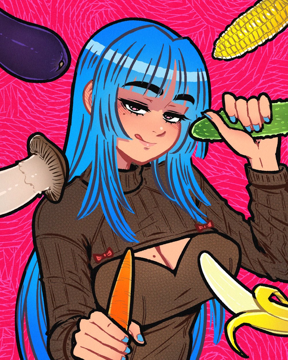 1girl :q akairiot banana blue_hair blue_nails blunt_bangs breasts brown_sweater carrot cleavage cleavage_cutout clothing_cutout commentary corn corn_cob cucumber eggplant food fruit highres hime_cut holding holding_carrot large_breasts long_hair looking_at_viewer meme_attire mole mole_on_breast mole_under_eye mushroom narrowed_eyes open-chest_sweater original phallic_symbol pink_background pink_eyes seductive_smile sexually_suggestive smile solo sweater thick_eyebrows tongue tongue_out upper_body