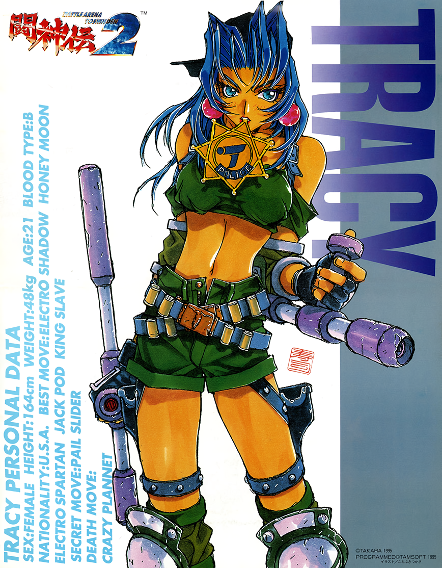1990s_(style) 1girl badge black_gloves blue_eyes blue_hair character_name copyright_name copyright_request dark-skinned_female dark_skin dual_wielding earrings fingerless_gloves gloves green_shorts holding holster jewelry knee_pads long_hair looking_at_viewer measurements midriff mouth_hold non-web_source official_art open_fly retro_artstyle shorts solo stats thigh_holster tonfa toushinden tracy_(toushinden) weapon