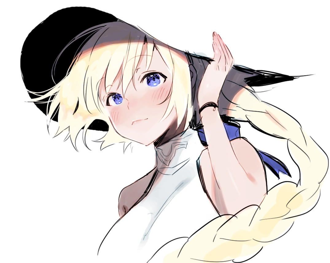 1girl bad_id bad_pixiv_id bare_shoulders blonde_hair blue_eyes braid breasts fate/grand_order fate_(series) female_focus hat jeanne_d&#039;arc_(fate) jeanne_d&#039;arc_(ruler)_(fate) light_smile long_hair looking_at_viewer nito_(siccarol) simple_background solo white_background