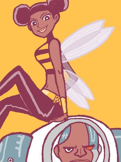 1boy 1girl bald bumble_bee cartoon_network cyborg cyborg_(dc) dark_skin dc_comics double_bun hair_bun karen_beecher shirt smile striped_clothes striped_shirt teen_titans victor_stone wings
