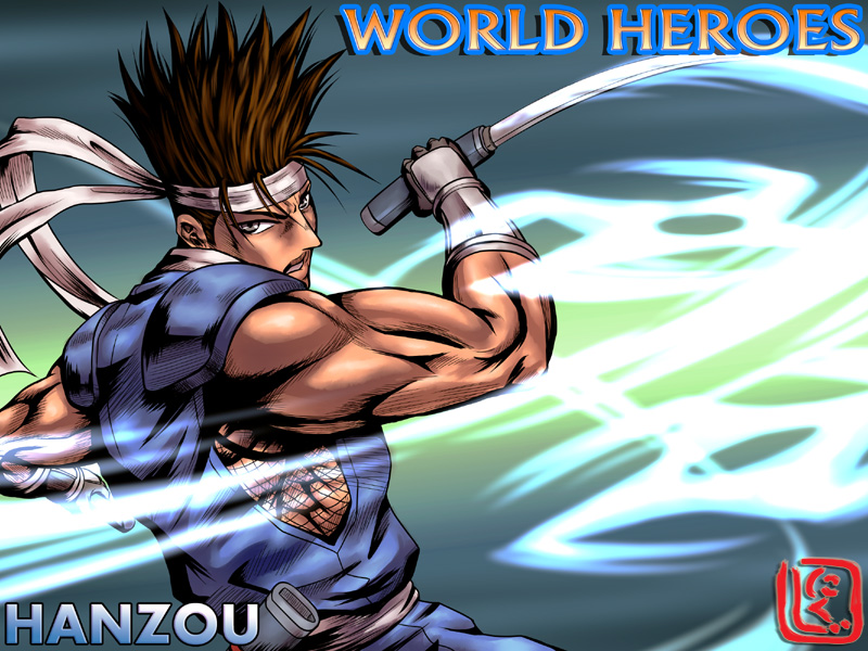 1boy brown_hair gloves hanzo_(world_heroes) headband male_focus muscular nikuji-kun reverse_grip scabbard sheath short_sword sleeveless snk solo spiked_hair sword vambraces weapon world_heroes
