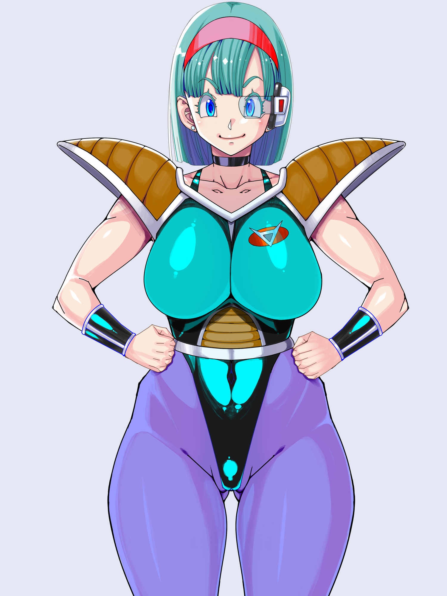1girl armor artist_request blue-tinted_eyewear blue_eyes blue_hair body_switch breasts bulma cameltoe captain_ginyu choker cleavage collarbone curvy dragon_ball dragonball_z earrings female_focus ginyu_force grey_background hairband highleg highleg_leotard highres jewelry kinoko_(pixiv) kinokoallstars large_breasts leotard looking_at_viewer personality_switch purple_legwear scouter short_hair sleeveless smile solo tagme thigh_gap thighs tinted_eyewear