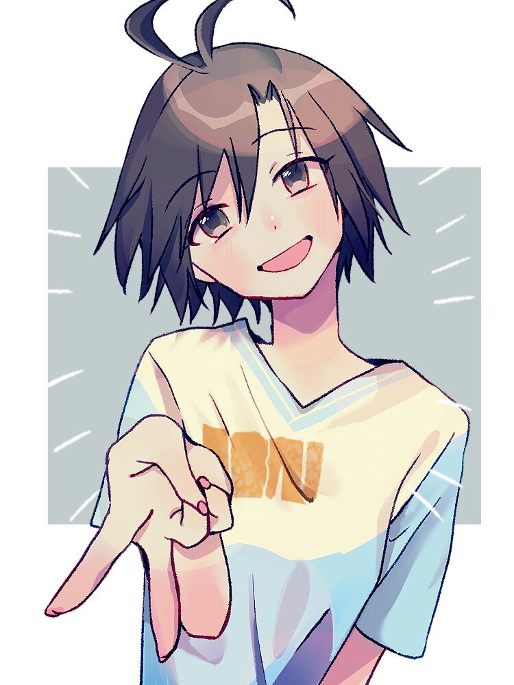 antenna_hair black_hair border grey_eyes idolmaster idolmaster_(classic) kikuchi_makoto light_blush natsume_(yukihime) open_mouth sidelocks simple_background smile v v-neck white_border