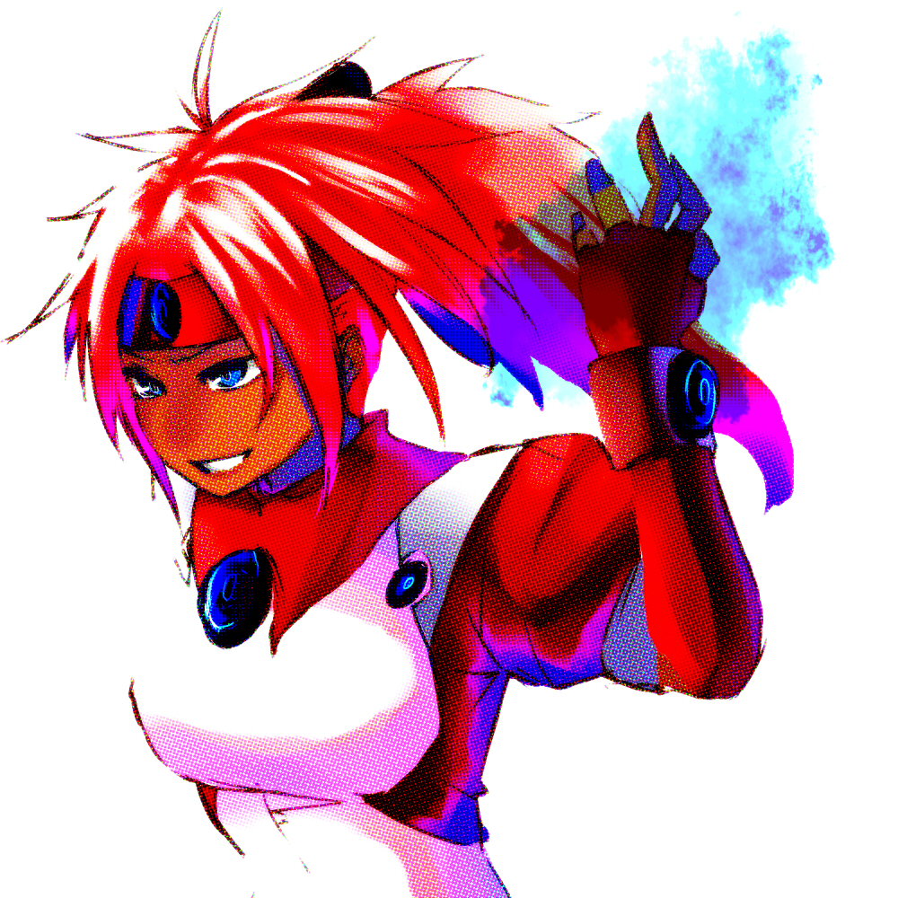 1girl arm_up blue_eyes breasts commentary dark-skinned_female dark_skin el_hazard female_focus fingerless_gloves gloves grin halftone headband jumpsuit jyumu long_hair medium_breasts ponytail red_gloves red_hair red_headband red_jumpsuit shayla-shayla sidelocks smile solo spiked_hair upper_body white_jumpsuit