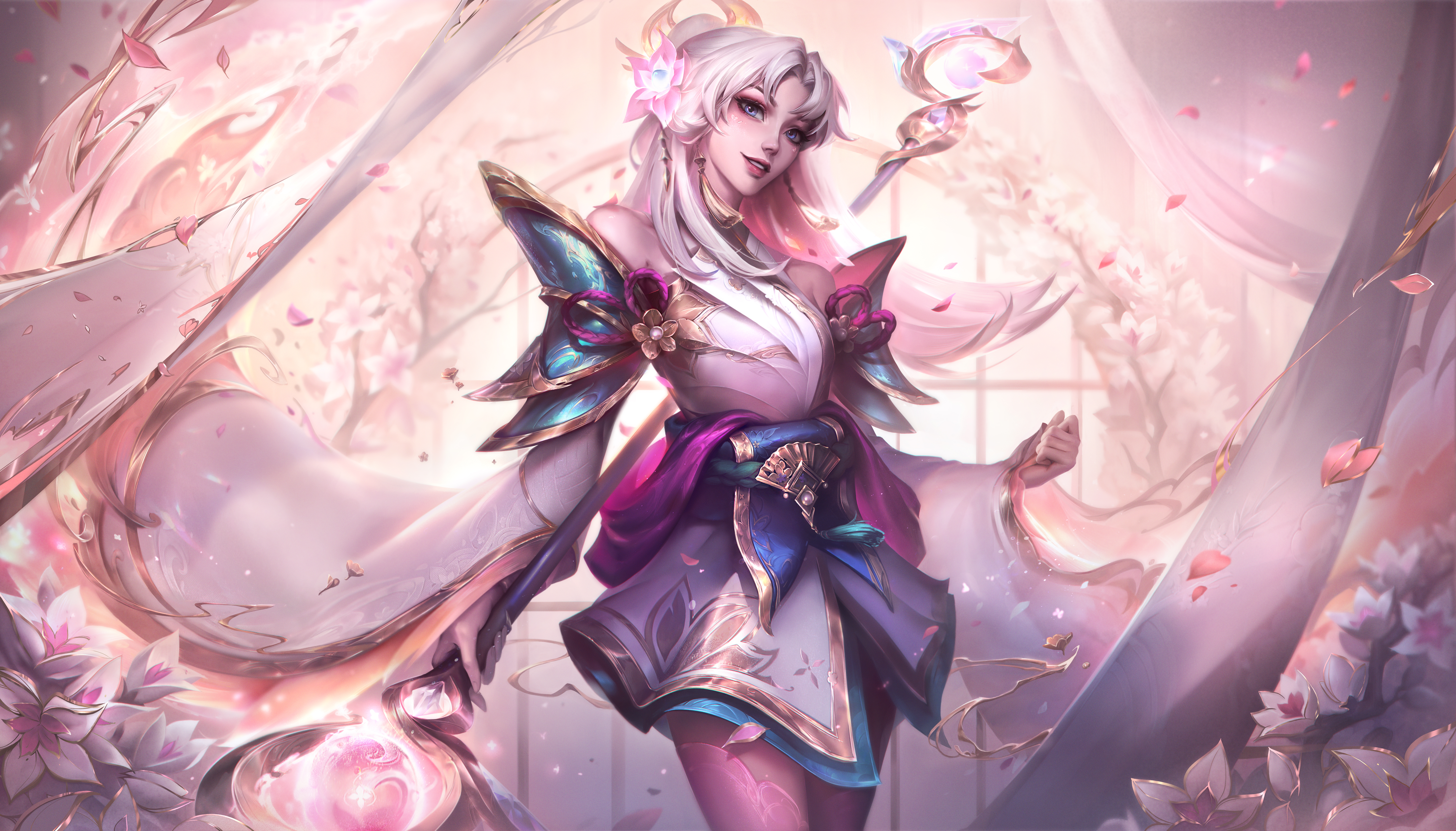 1girl absurdres aizukie apron bare_shoulders blue_sailor_collar cherry_blossoms earrings facial_mark floating_hair flower hair_flower hair_ornament heart heart_facial_mark highres holding holding_staff jewelry league_of_legends long_hair lux_(league_of_legends) official_art open_mouth pink_thighhighs prestige_spirit_blossom_lux purple_eyes sailor_collar snowing solo staff thighhighs waist_apron white_hair