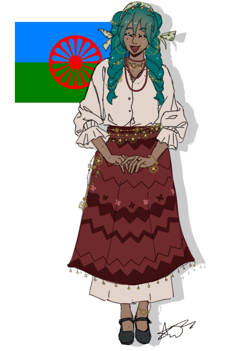 00zephiyr 1girl aqua_hair black_shoes braid closed_eyes commentary dark_skin english_commentary full_body gypsy hatsune_miku highres jewelry necklace open_mouth red_skirt romani_clothes romani_flag shirt shoes simple_background skirt solo standing tongue twin_braids vocaloid white_background white_shirt worldwide_miku