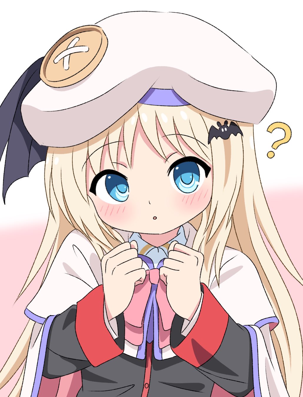 1girl ? bat_hair_ornament beret black_jacket blonde_hair blue_eyes bow bowtie cape gradient_background hair_ornament hat highres jacket large_buttons little_busters! little_busters!_school_uniform long_hair noumi_kudryavka pink_background pink_bow pink_bowtie school_uniform silky_(silky_illust) solo upper_body white_background white_cape white_hat