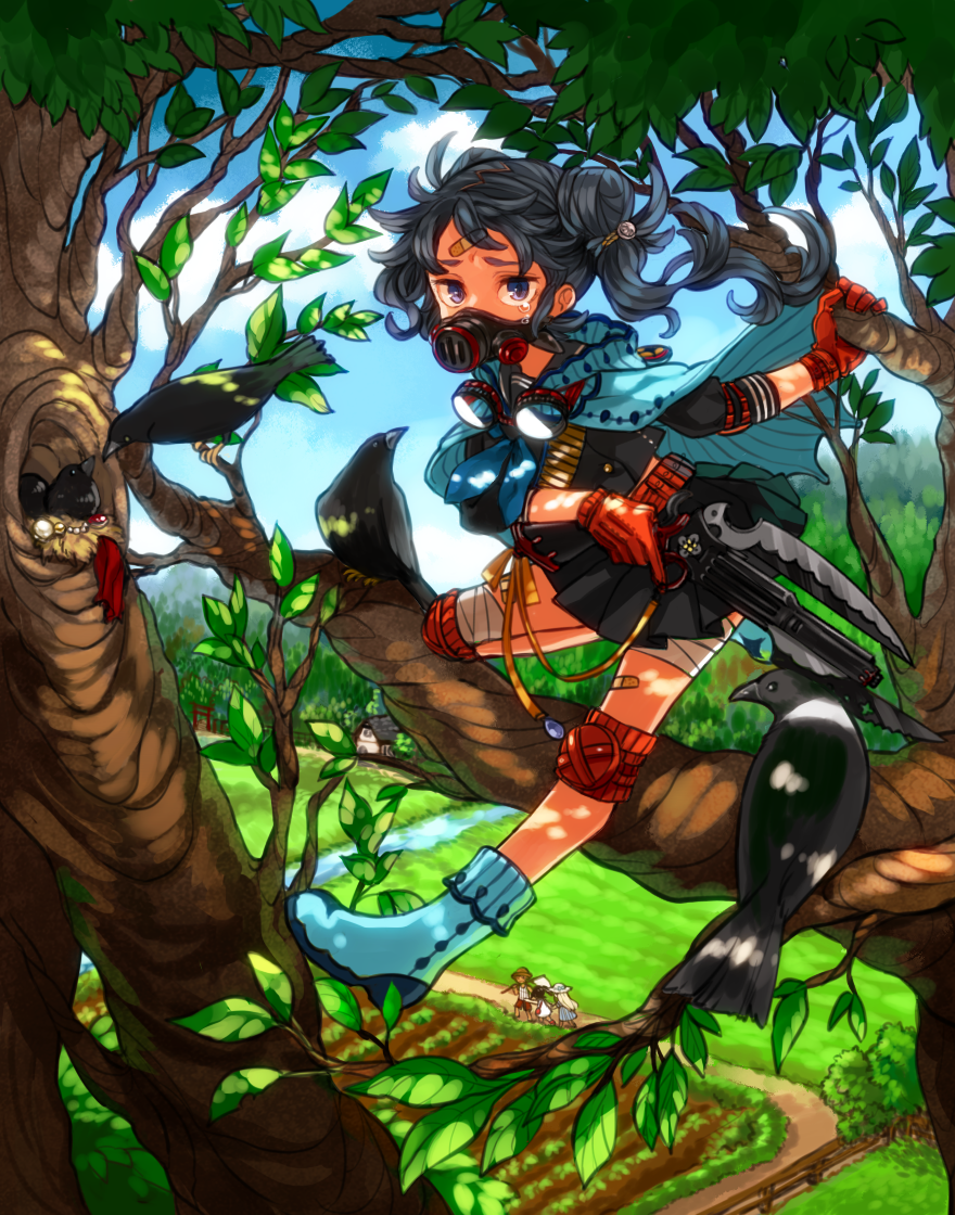 2boys 2girls animal bad_id bad_pixiv_id bandaged_leg bandages bandaid bandaid_on_arm bandaid_on_face bandaid_on_forehead bandaid_on_leg bandaid_on_nose bird black_hair black_skirt blue_cape blue_eyes blue_footwear cape child cloud day fence field gas_mask gloves goggles goggles_around_neck grass gun holding holding_gun holding_weapon in_tree knee_pads knife long_hair looking_at_viewer mask multiple_boys multiple_girls nest outdoors red_gloves skirt solo_focus standing touran-sai tree vitaaaaan weapon